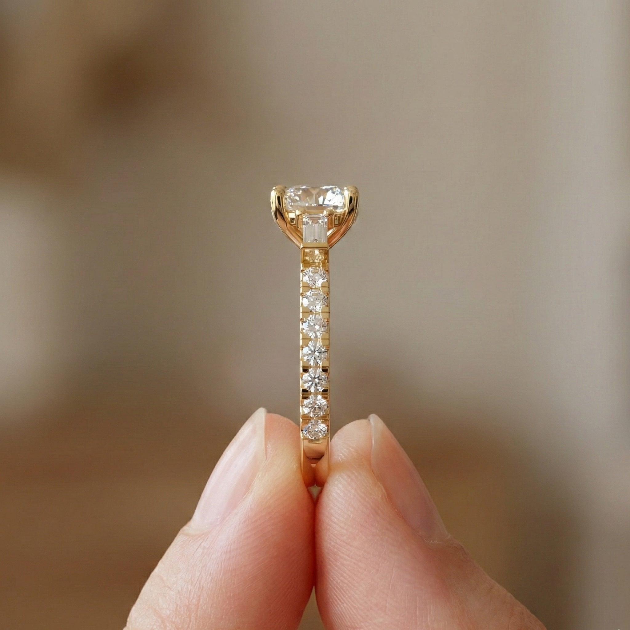 Baguette Accent Three-Stone Engagement Ring in 14K Solid Gold, 1.50 CT Round Cut Lab Grown Diamond, Elegant Jewelry, Anniversary Gift For Her