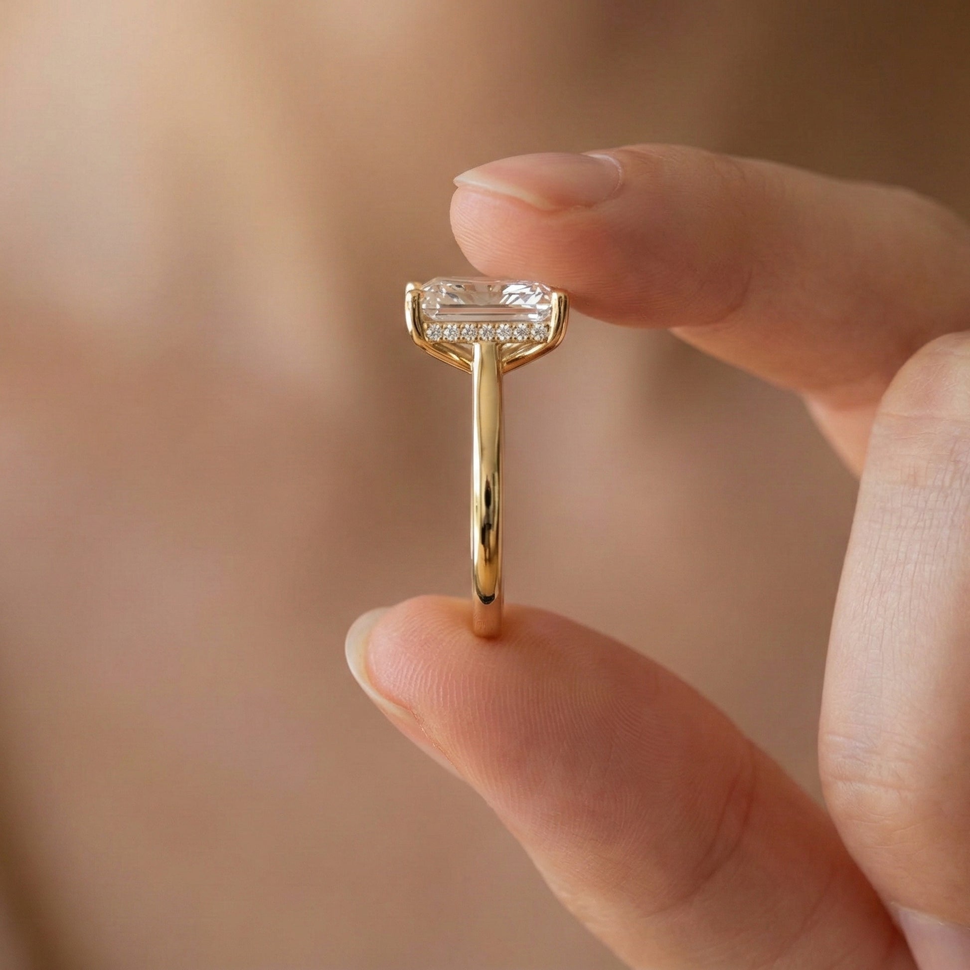 Elegant Hidden Halo Engagement Ring in 14K Solid Gold, 3.50 CT Radiant Cut Lab Created Diamond, Handmade Jewelry, Birthday Gift For Her