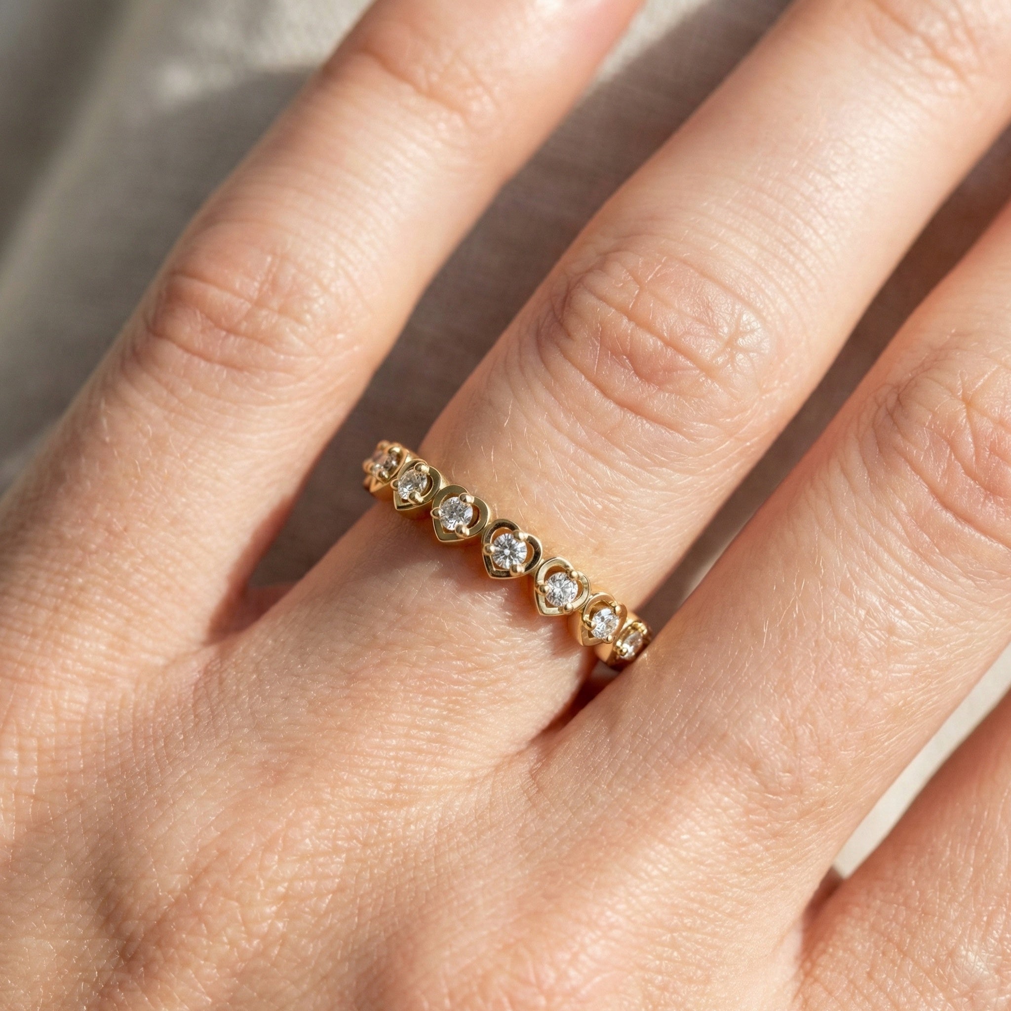 Heart Patterned Slim Stacker Wedding Ring in 14K Solid Gold, 0.07 TCW Round Cut Lab Created Diamonds, Everyday Ring, Birthday Gift For Her