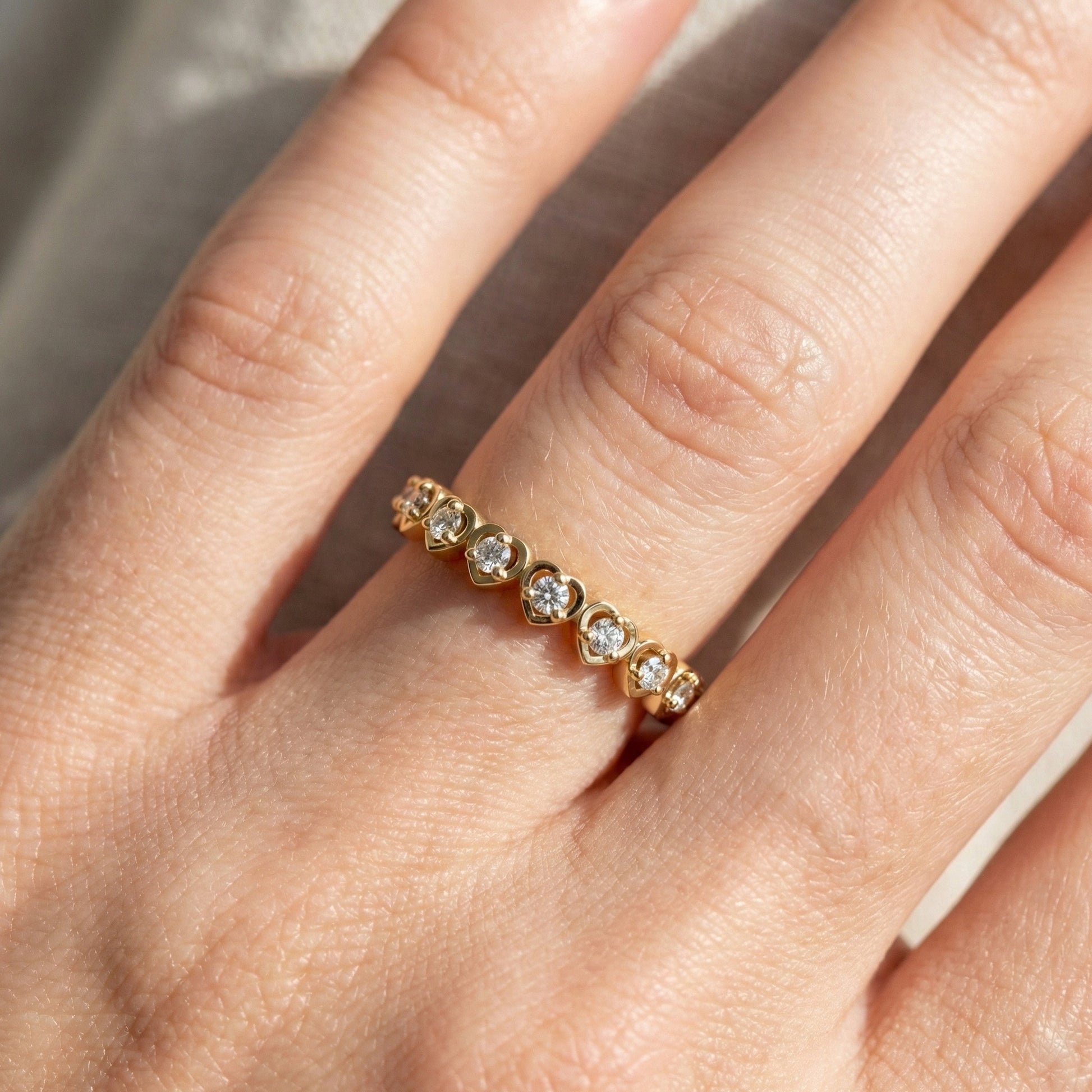 Heart Patterned Slim Stacker Wedding Ring in 14K Solid Gold, 0.07 TCW Round Cut Lab Created Diamonds, Everyday Ring, Birthday Gift For Her