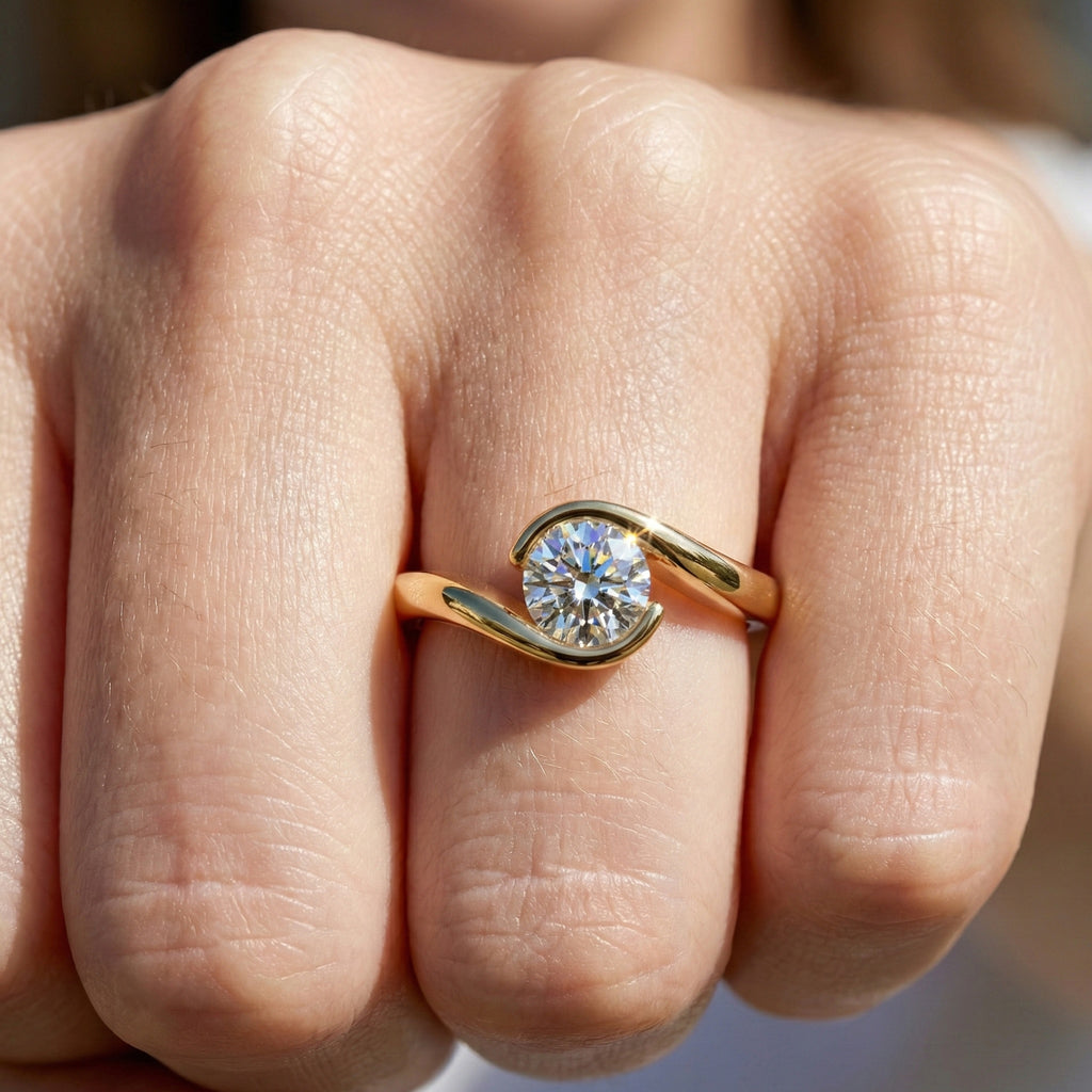 Swirl Bypass Solitaire Semi-Bezel Engagement Ring in 18K Rose Gold, 0.50 CT Round Cut Lab Grown Diamond, Promise Ring For Her