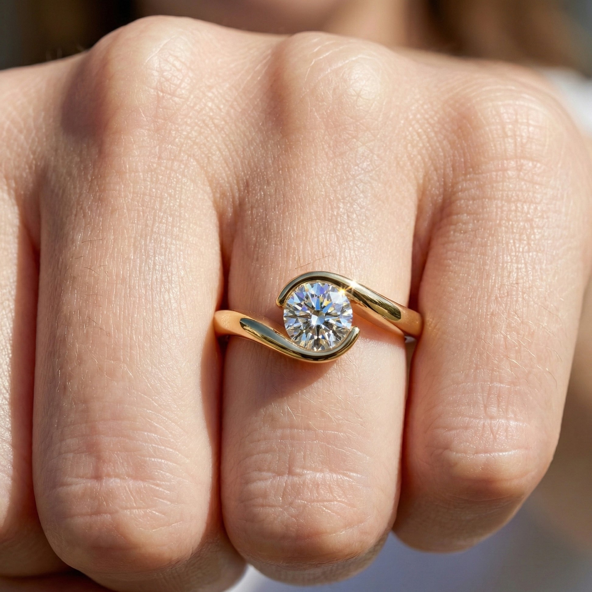 Swirl Bypass Solitaire Semi-Bezel Engagement Ring in 18K Rose Gold, 0.50 CT Round Cut Lab Grown Diamond, Promise Ring For Her