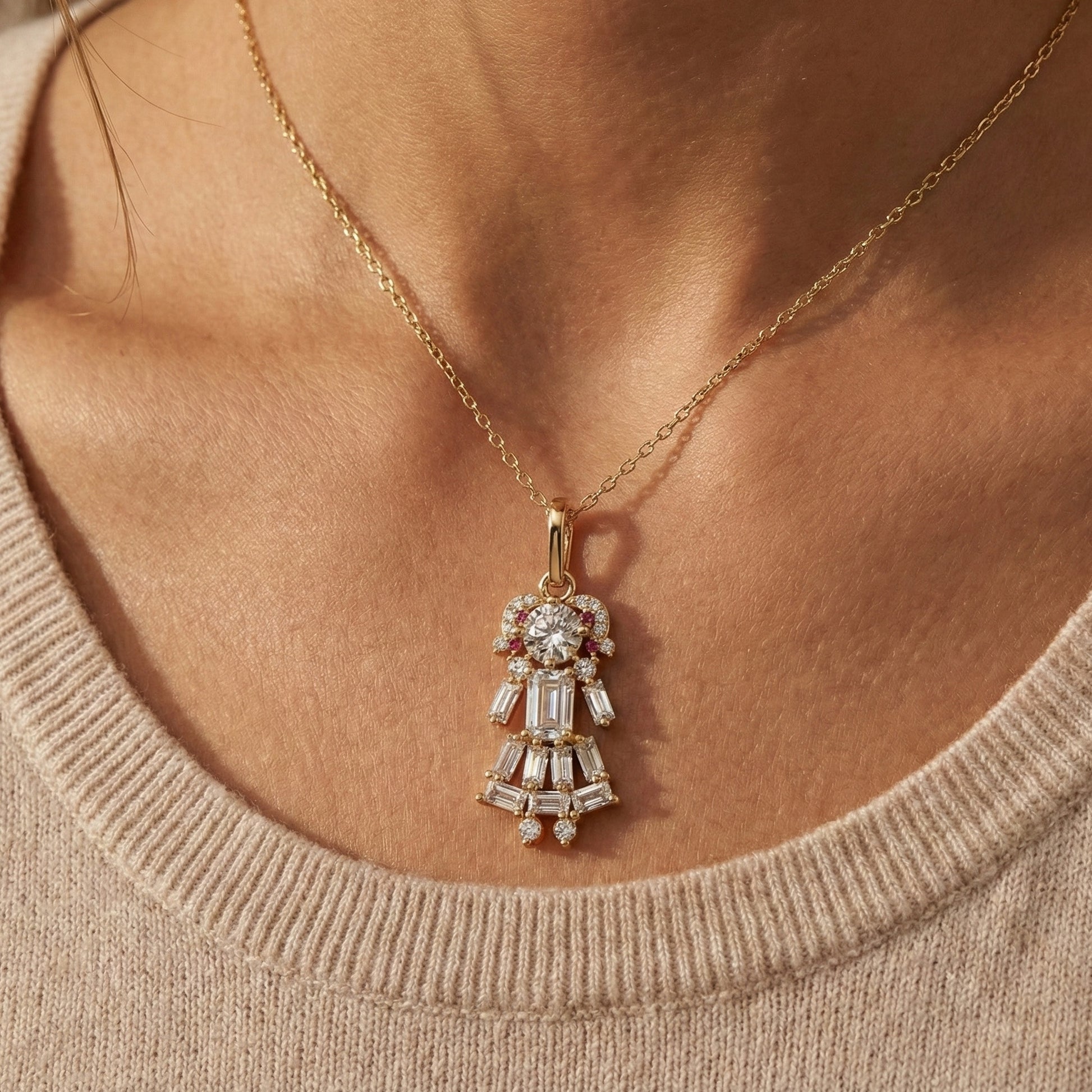 Vintage Doll Dress Cluster Daily Wear Pendant in 14K Solid Gold, 0.54 TCW Tap Baguette Cut Lab Created Diamonds, Fashion Pendant, Birthday Gift for Her