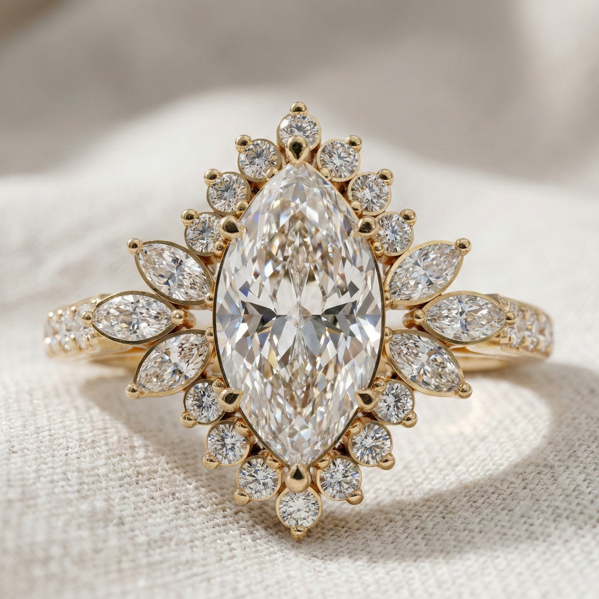 Art Deco Marquise Cluster Engagement Ring in 14k Solid Gold, 1.49 TCW Marquise/Round Cut Lab Created Diamonds, Anniversary Gift For Wife, Daily Wear Jewelry