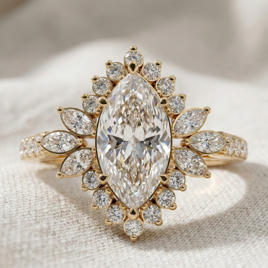 Art Deco Marquise Cluster Engagement Ring in 14k Solid Gold, 1.49 TCW Marquise/Round Cut Lab Created Diamonds, Anniversary Gift For Wife, Daily Wear Jewelry