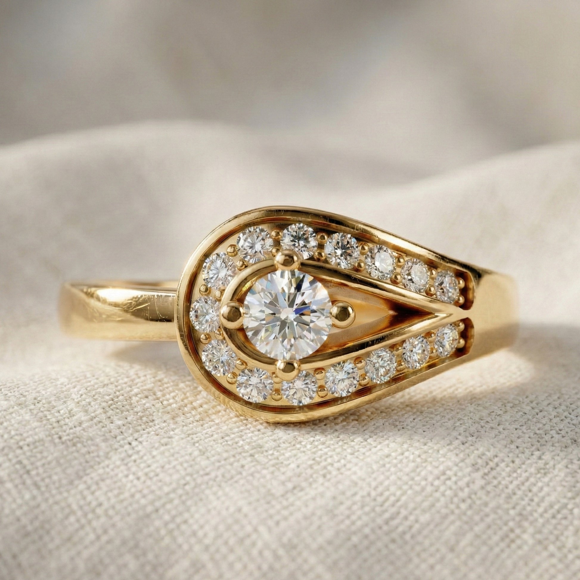 Teardrop Halo Solitaire Wedding Ring in 14k Yellow Gold, Elegant Halo Ring For Women, Anniversary Gift, Everyday Jewelry