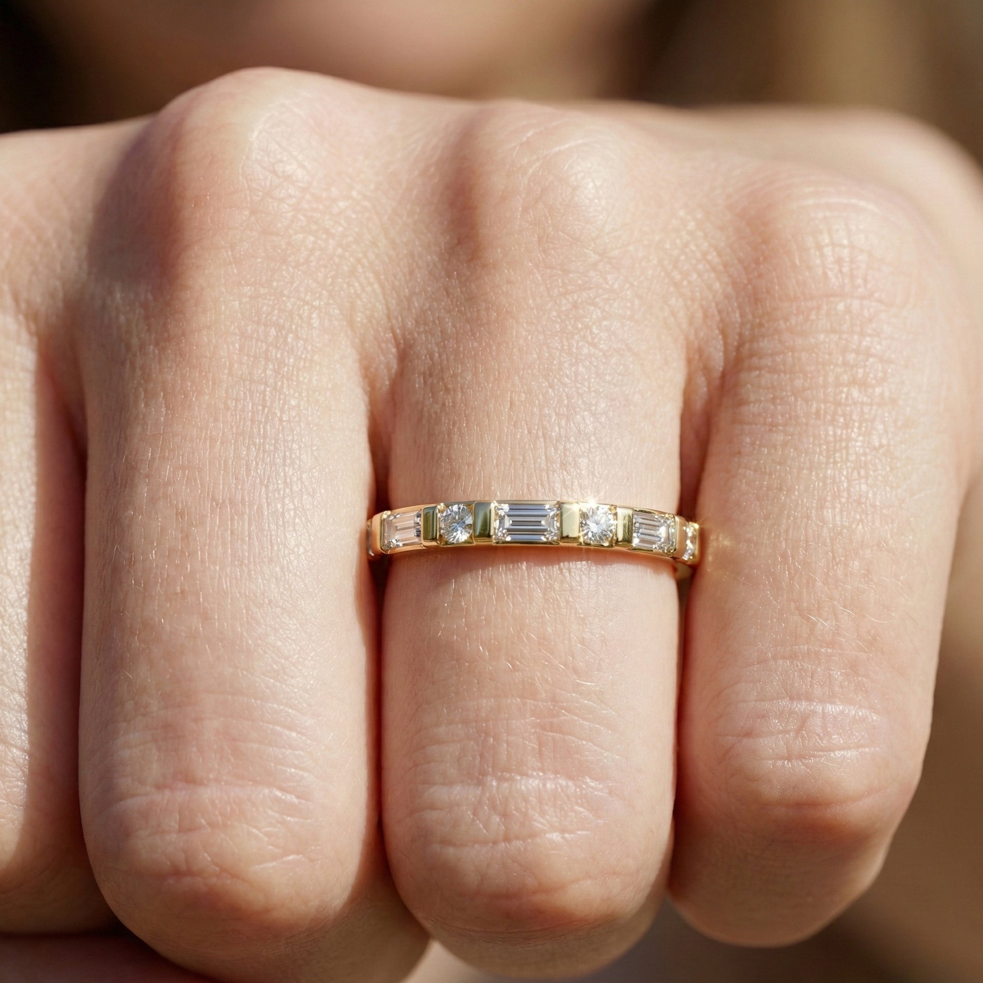 Half Eternity Bar Set Wedding Band in 14K Solid Gold, 0.23 TCW Baguette/Round Cut Lab Diamonds, Handmade Bridal Jewelry, Birthday Gift for Her