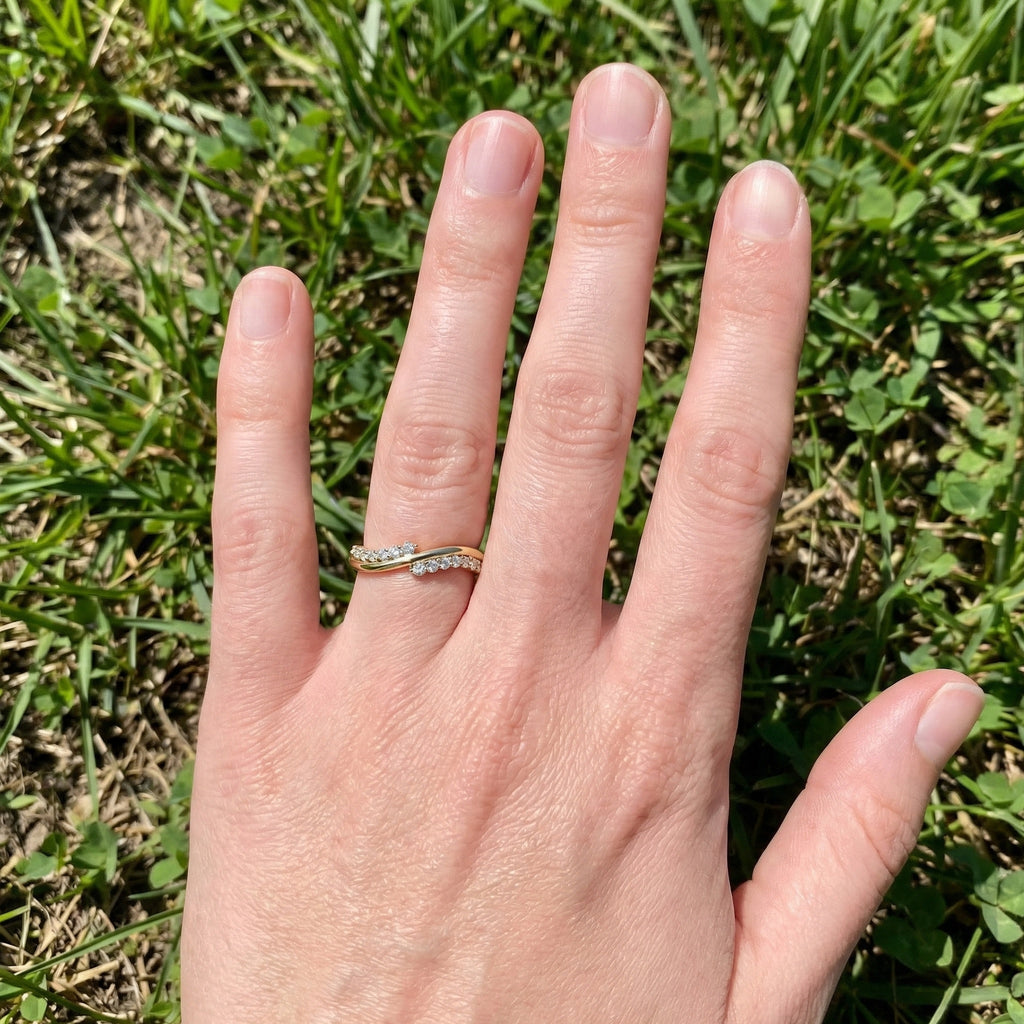 Curved Wave Crossover Wedding Band in Lab Diamond – 14k Rose Gold, Stacking Ring, Birthday Gift for Women