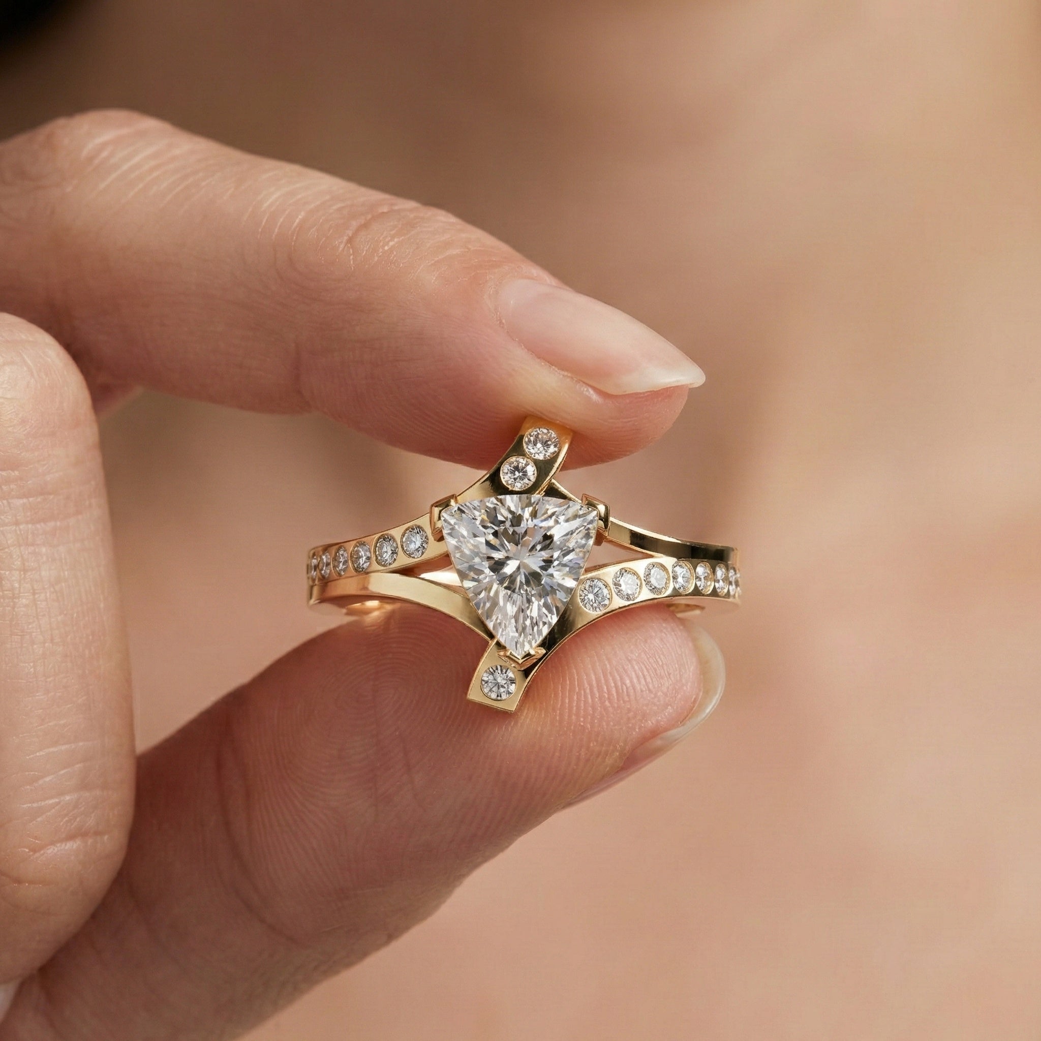 Trillion Cut Modern Sprit Shank Pave Engagement Ring in 14k Yellow Gold, Birthday Gift for Wife, Handmade Fine Jewelry