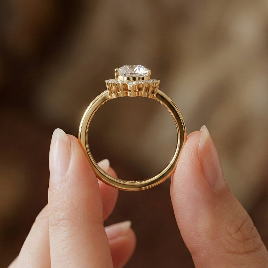Crown Halo Pear Cut Cluster Engagement Ring in 18K Solid Gold, 0.95 TCW Lab Diamond Unique Wedding Bridal Jewelry, Anniversary Gift for Women