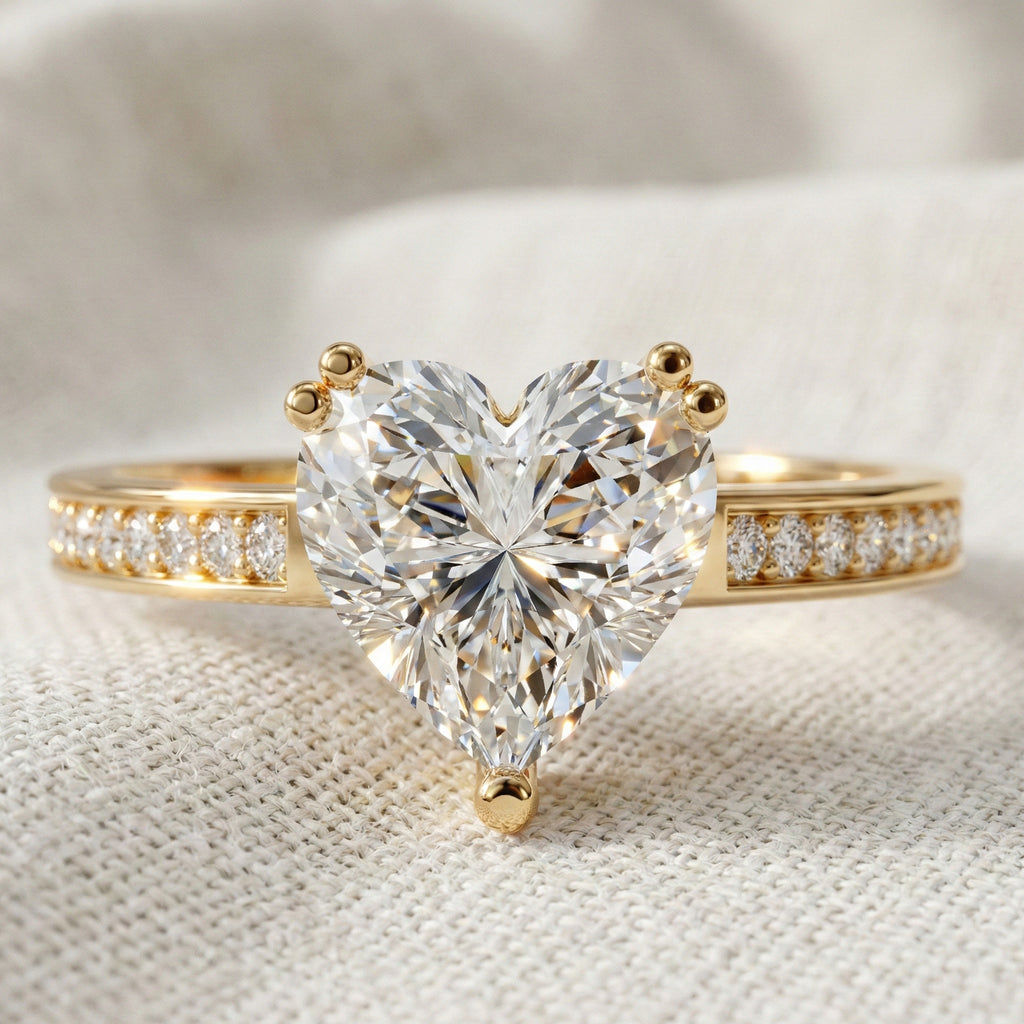 1.25 CT Heart Cut Solitaire Pave Engagement Ring in Lab Diamond – 14K Solid Gold, Anniversary Gift for Her, Handmade Jewelry