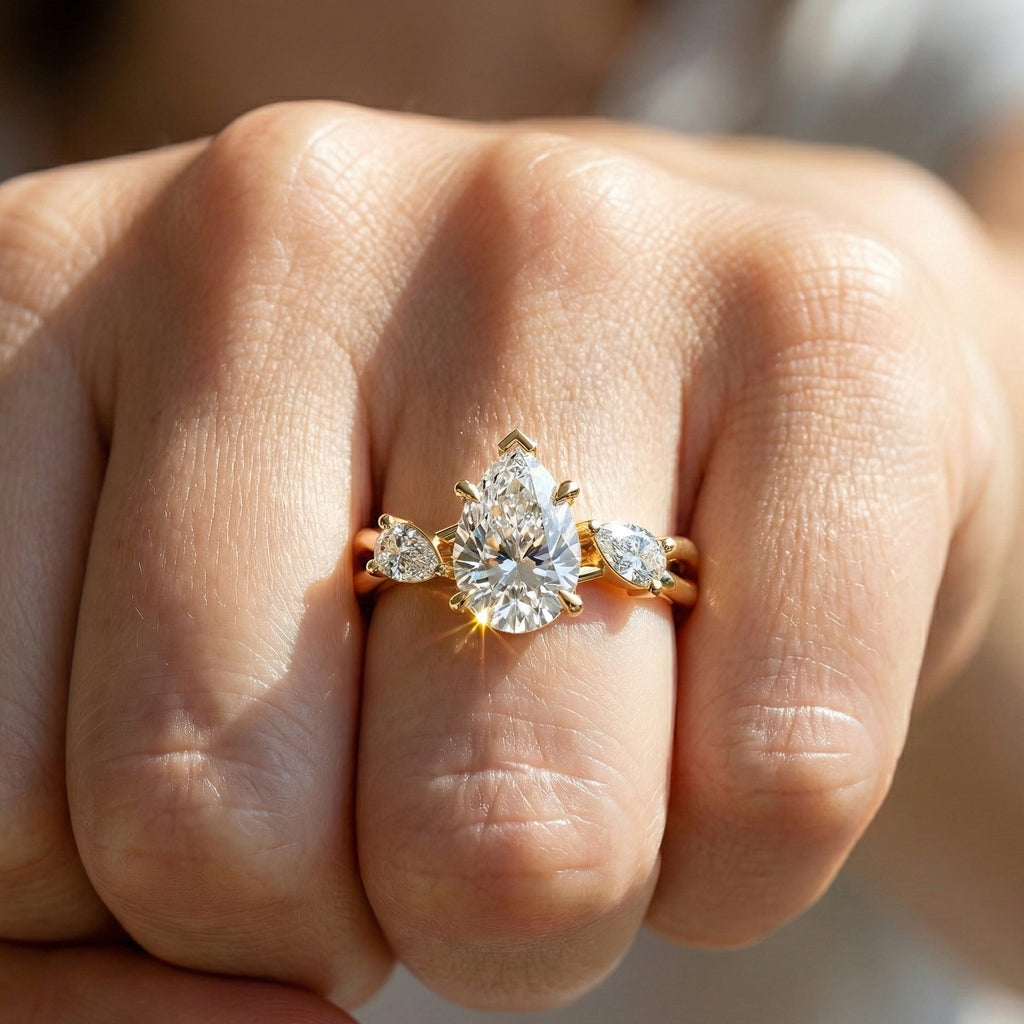 Unique Twisted Three Stone Engagement Ring in 14K Solid Gold, 1.30 TCW Pear Cut Lab Created Diamonds, Birthday Gift For Wife, Handmade Fine Jewelry