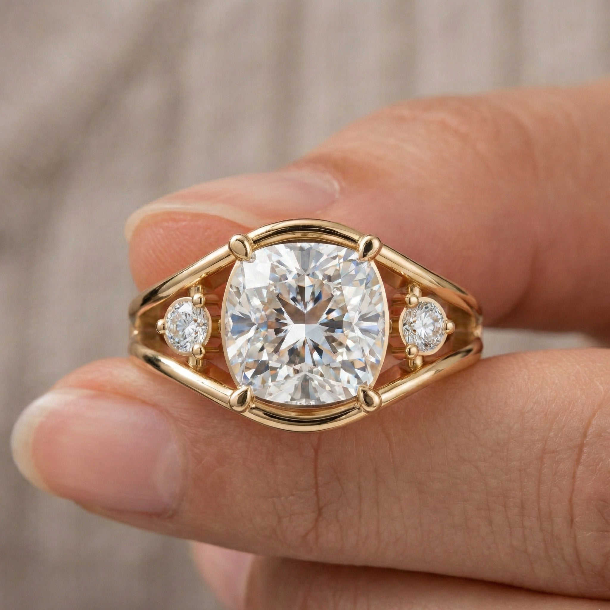 Modern Split Shank Three Stone Wedding Ring in Lab Grown Diamond – 14k Solid Gold, Luxurious GIft for Women, Everyday Jewelry