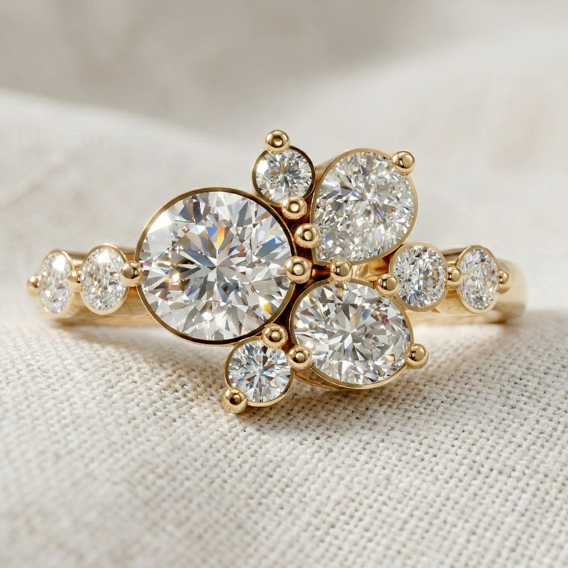 Unique Flower Cluster Ring in 14K Solid Gold, 0.75 TCW Round Cut Lab Created Diamonds, Engagement Ring, Bridal Jewelry