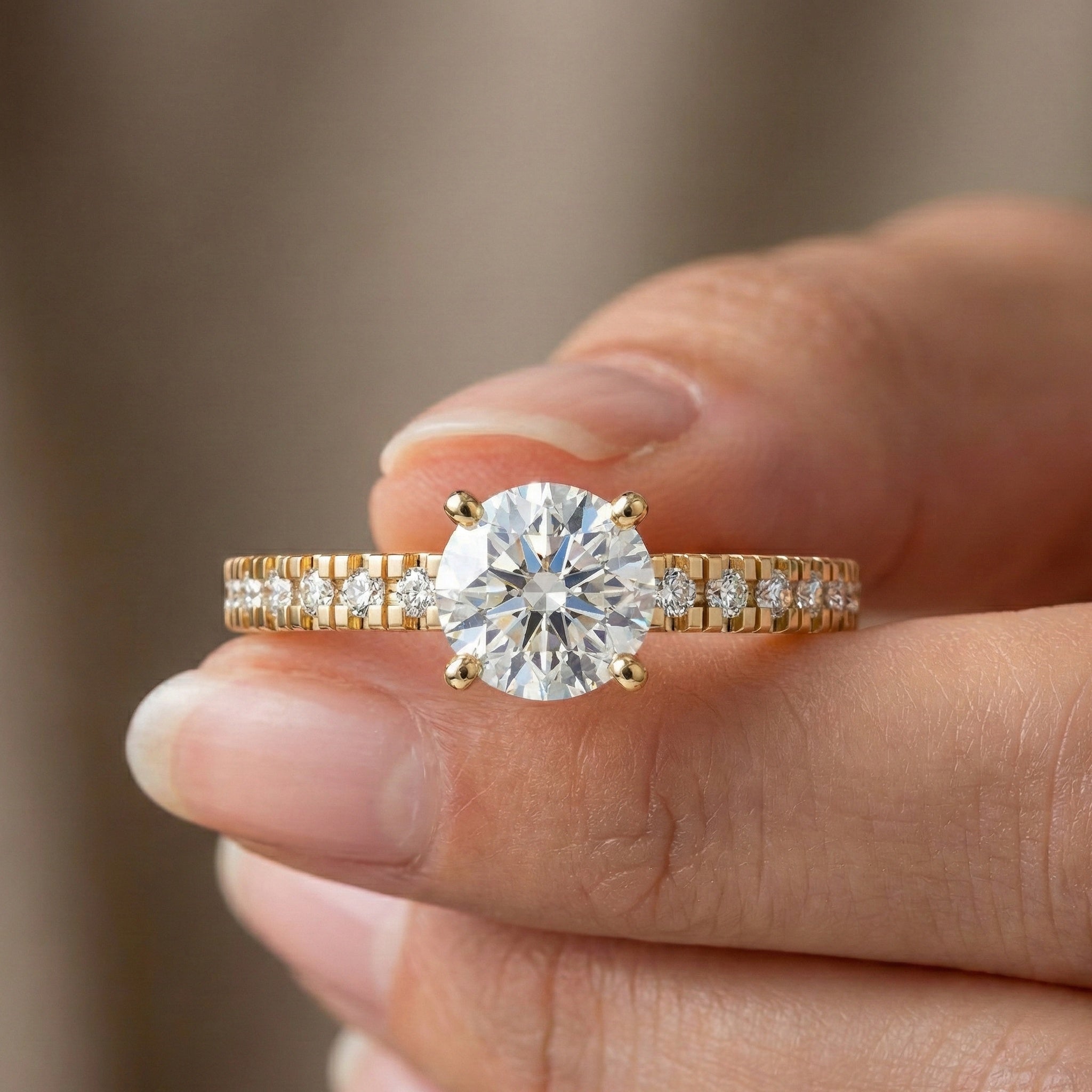 Classic Pavé Solitaire Engagement in 14K Solid Gold, 0.35 CT Round Cut Lab Created Diamond, Handmade Bridal Jewelry, Engagement Gift for Her