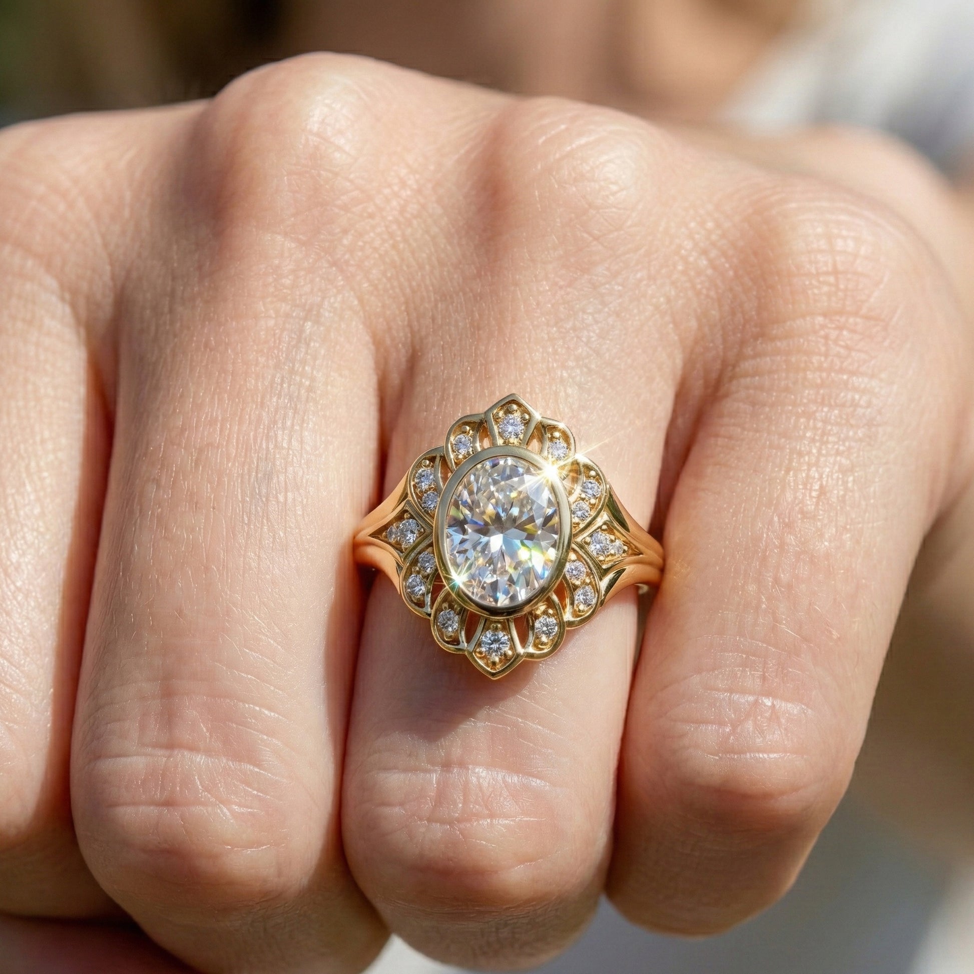 Vintage Floral Halo Wedding Ring in Lab Grown Diamond – Solid 9k/14k Gold or Sterling Silver Engagement Ring Bridal Jewelry Gift for Wife, Handmade Jewelry