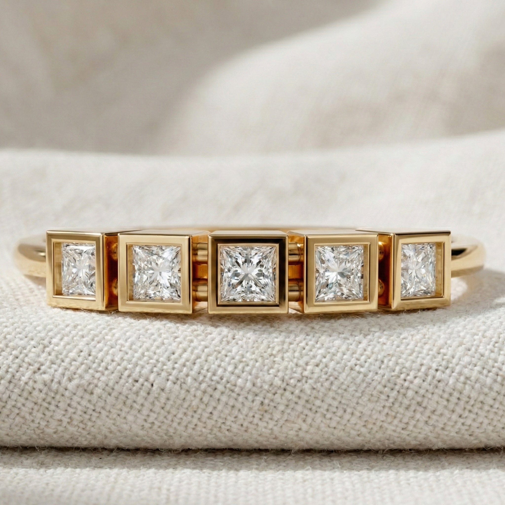 Bezel Set Half Eternity Wedding Band in 14K Solid Gold, 0.30 TCW Princess Cut Lab Grown Diamonds, Simple Band For Wife, Everyday Wedding Band