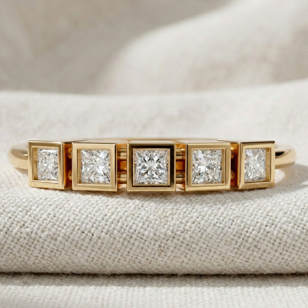 Bezel Set Half Eternity Wedding Band in 14K Solid Gold, 0.30 TCW Princess Cut Lab Grown Diamonds, Simple Band For Wife, Everyday Wedding Band
