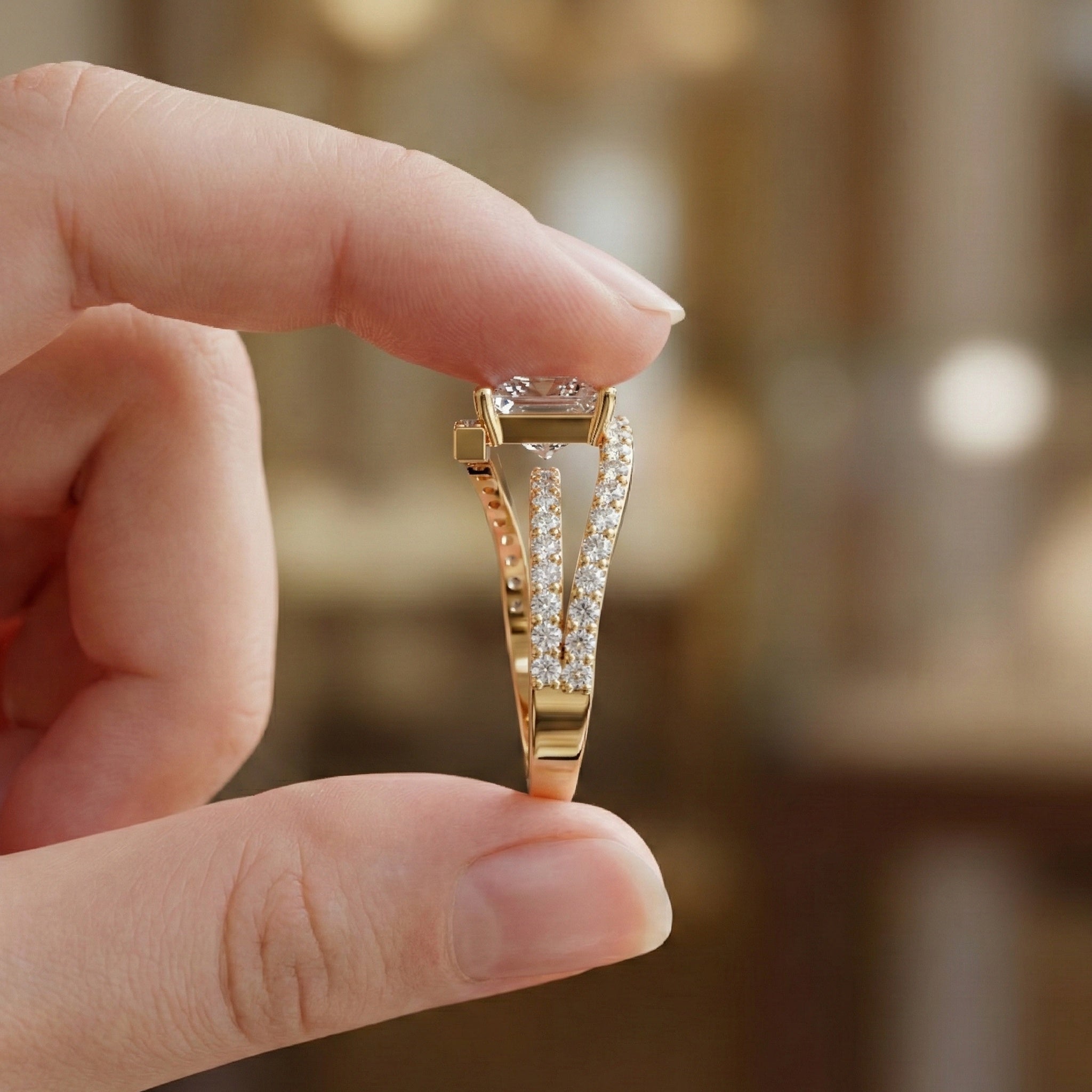 Modern Halo Split Shank Bypass Engagement Ring in 14K Solid Gold, 1.50 CT Princess Cut Lab Grown Diamond, Wedding Gift For Her