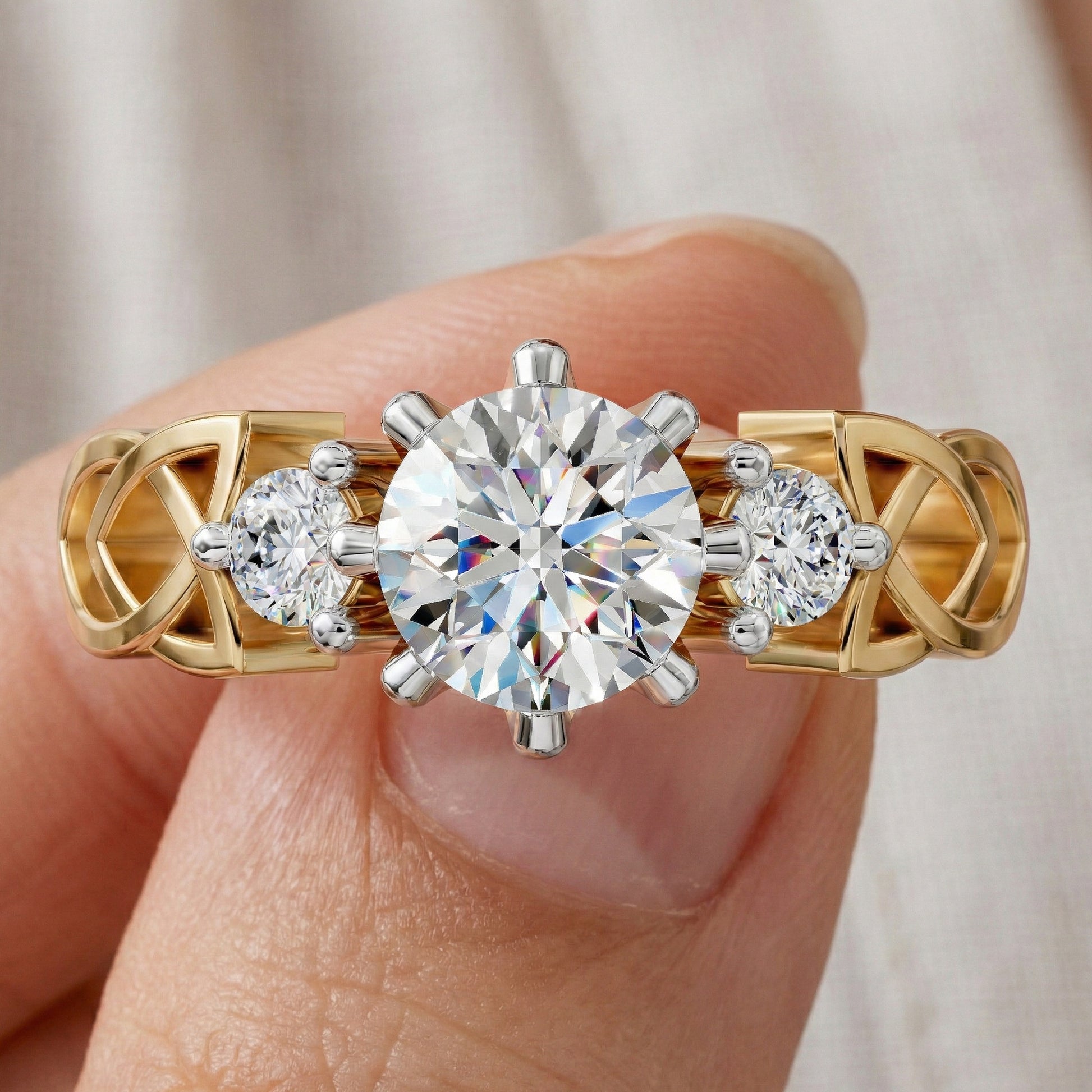 Modern Celtic Knot Trilogy Engagement Ring in 14K Solid Gold, 0.84 CT Round Cut Lab Created Diamond,Promise Ring, Anniversary Gift For Her