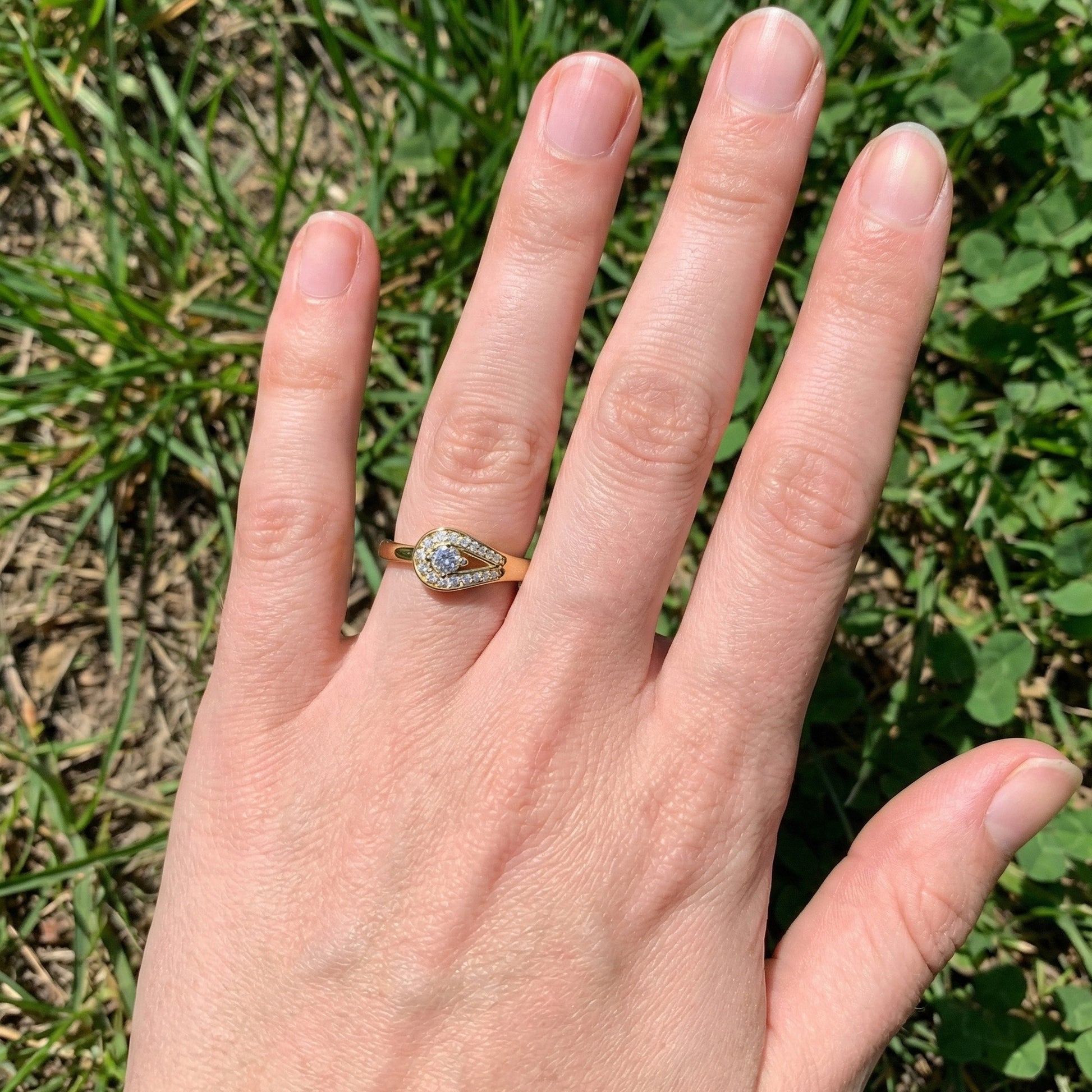 Teardrop Halo Solitaire Wedding Ring in 14k Yellow Gold, Elegant Halo Ring For Women, Anniversary Gift, Everyday Jewelry