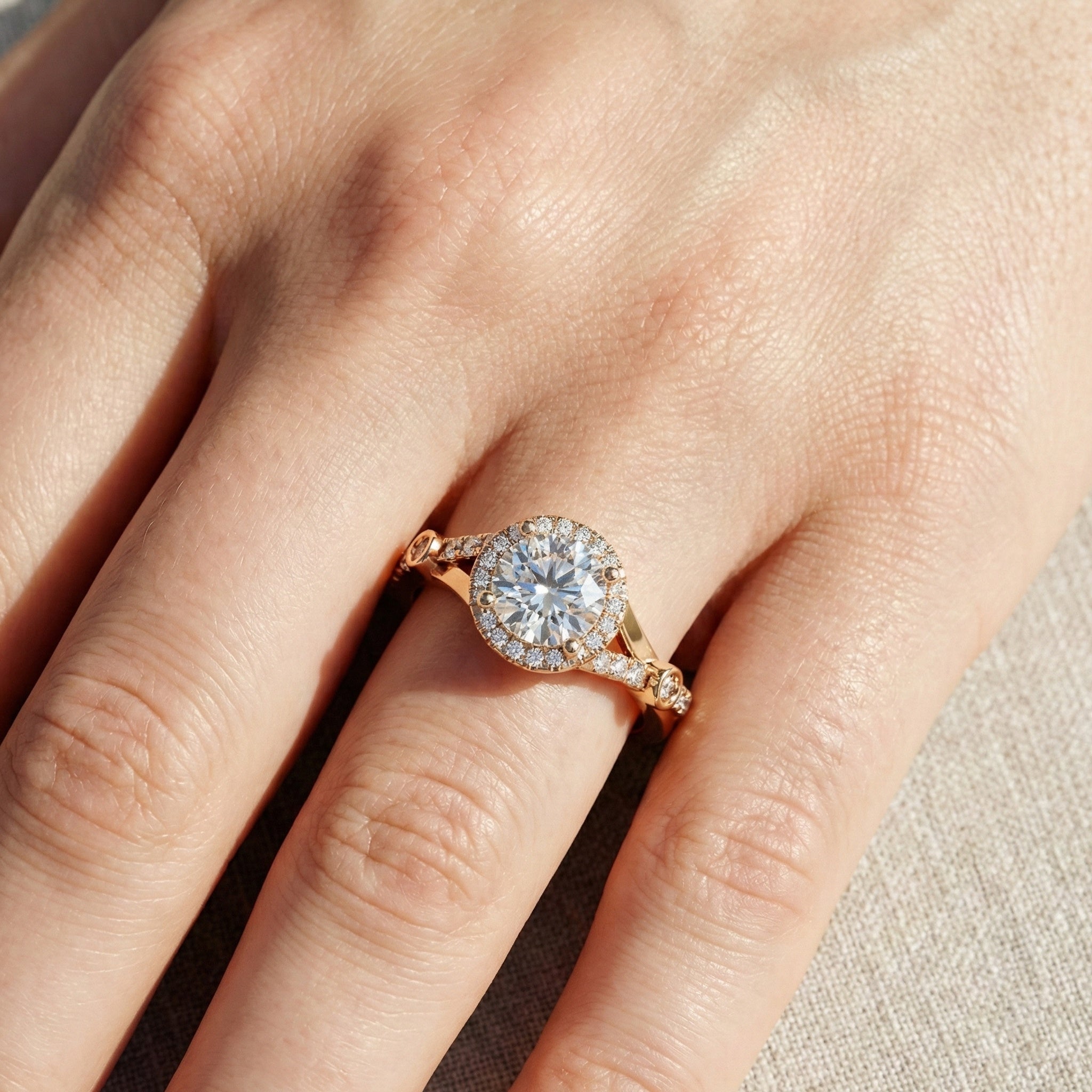 Round Halo Split Shank Engagement Ring in 14K Solid Gold, 0.70 CT Round Cut Lab Created Diamond, Proposal Ring, Gift for Her