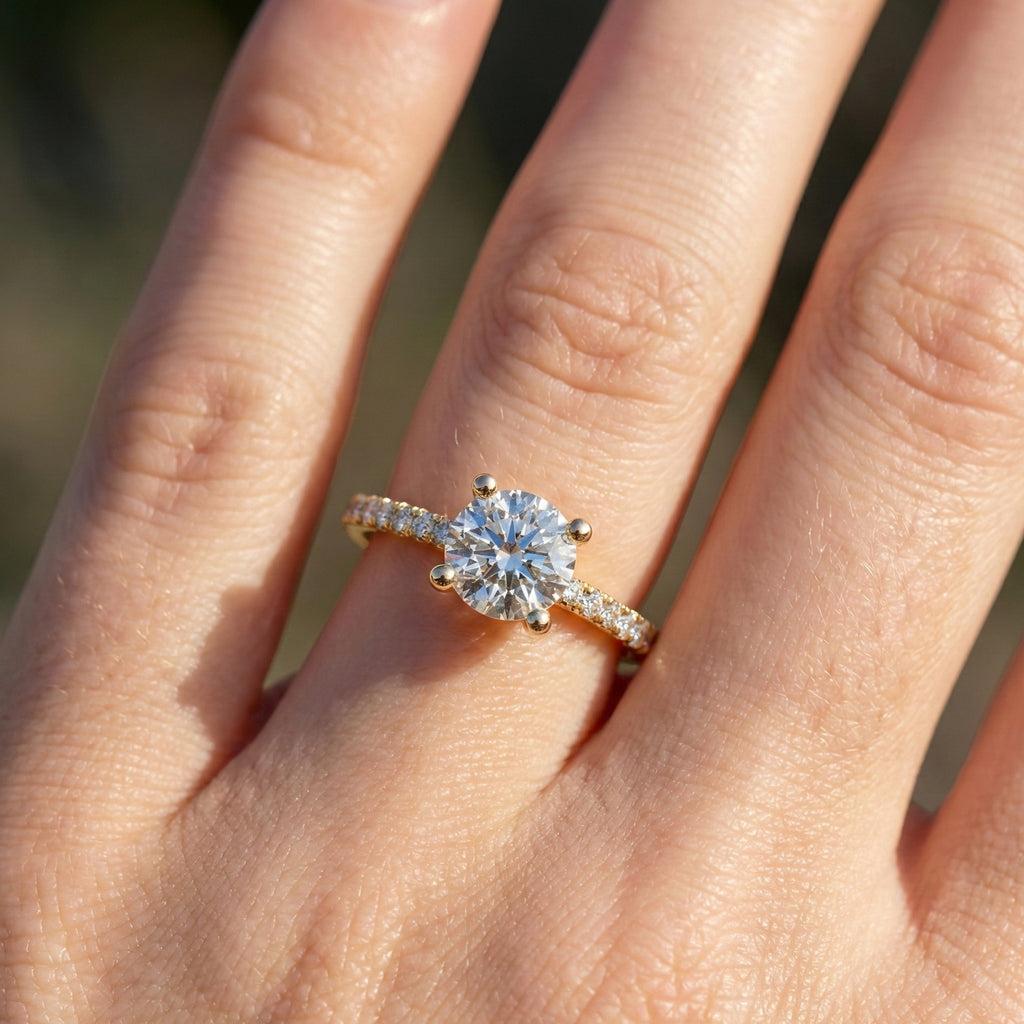 Dainty Pavé Solitaire Engagement Ring in 14K Solid Gold, 0.77 TCW Round Cut Lab Created Diamonds, Wedding Gift for Her, Daily Wear Ring