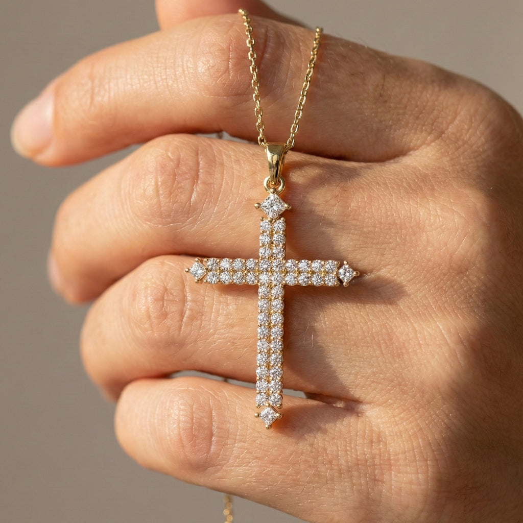 Elegant Pavé Cross Pendant Pendant in 14k Solid Gold, 0.57 TCW Round/Princess Cut Lab Diamonds, Anniversary Gift for Her