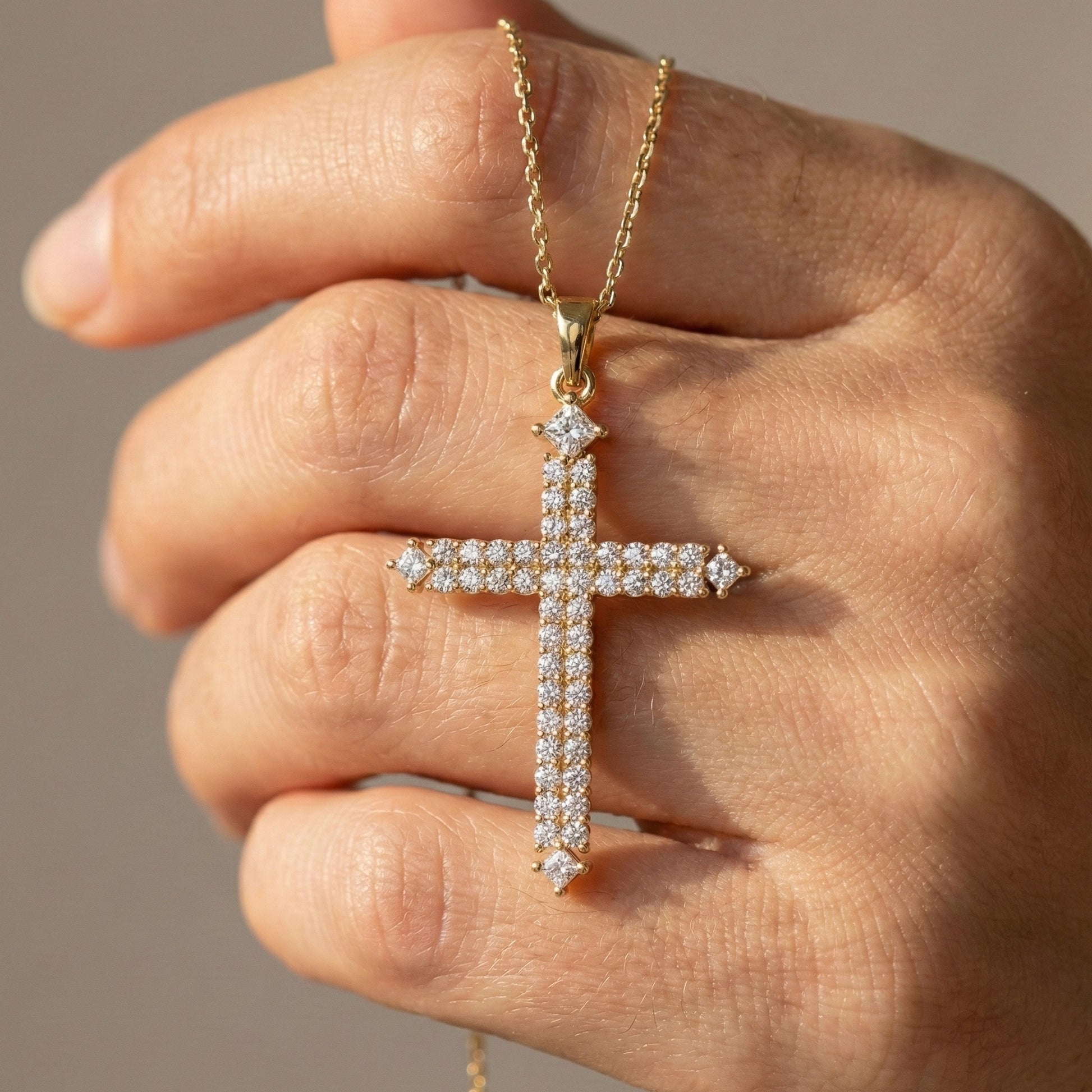 Elegant Pavé Cross Pendant Pendant in 14k Solid Gold, 0.57 TCW Round/Princess Cut Lab Diamonds, Anniversary Gift for Her