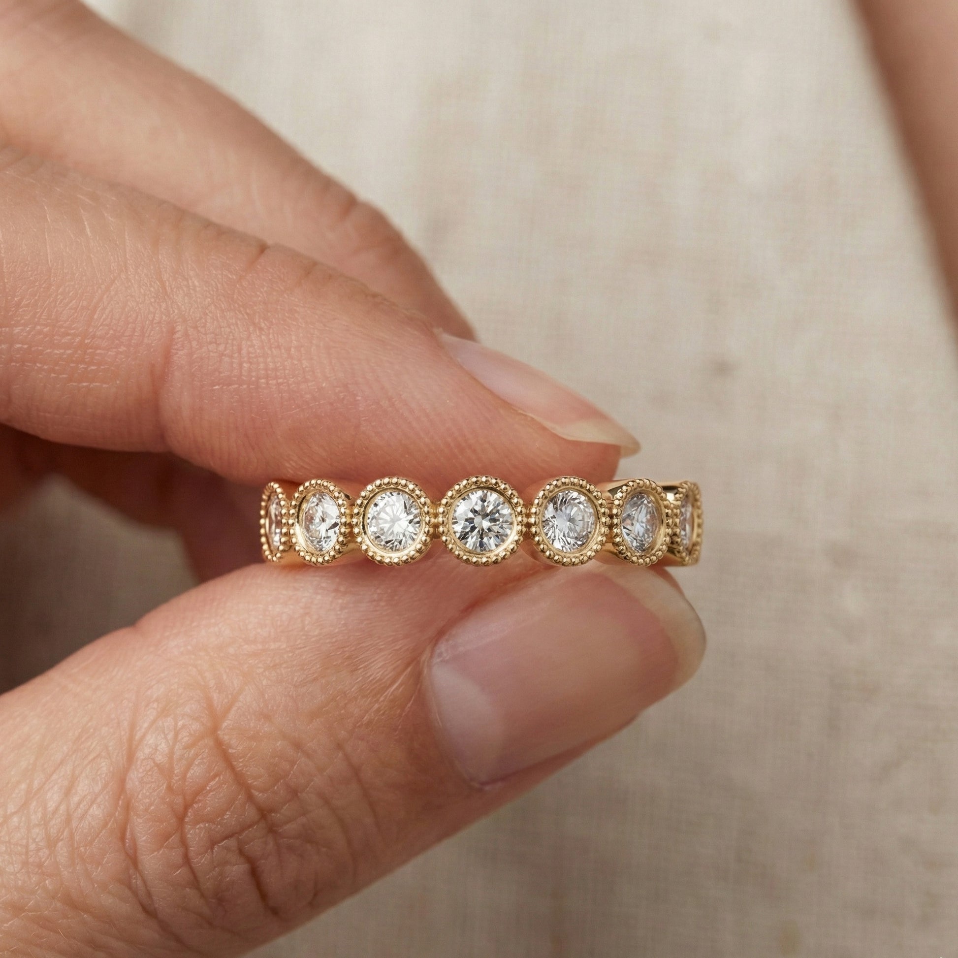Vintage Bezel Set Wedding Eternity Band in Lab Grown Diamond-14k Solid Gold, Milgrain Ring for Her, Promise Ring