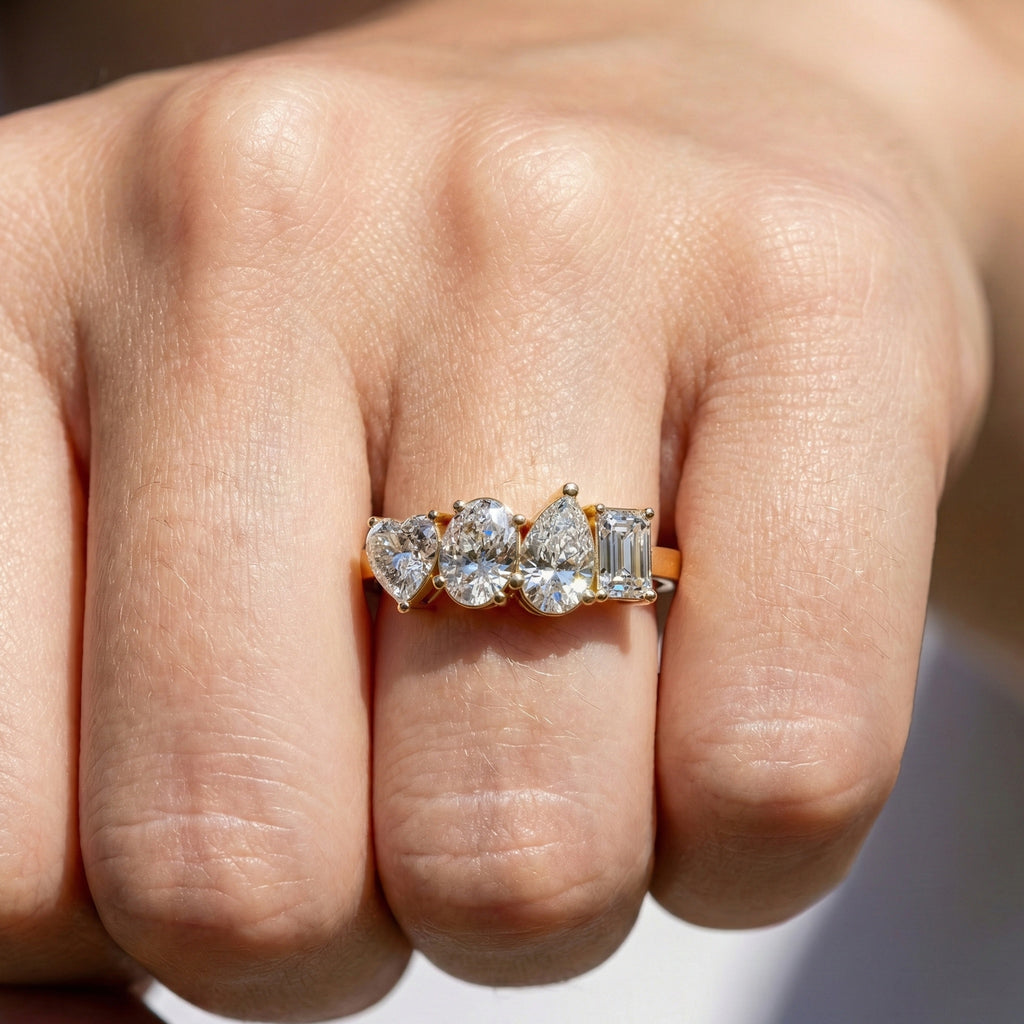 Four Stone East-West Engagement Ring in 14K Solid Gold, 1.99 TCW Heart/Oval/Pear/Emerald Cut Lab Grown Diamonds, Wedding Gift for Wife, Bridal Jewelry