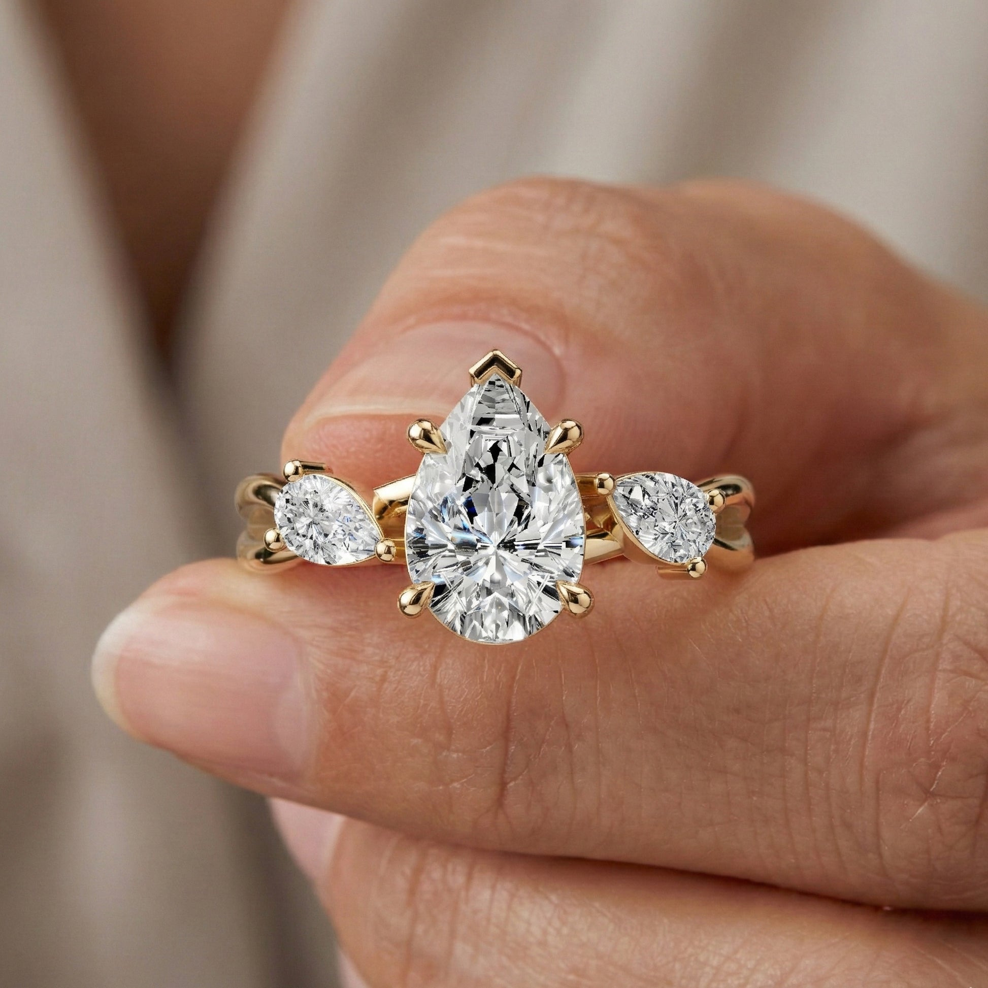 Unique Twisted Three Stone Engagement Ring in 14K Solid Gold, 1.30 TCW Pear Cut Lab Created Diamonds, Birthday Gift For Wife, Handmade Fine Jewelry