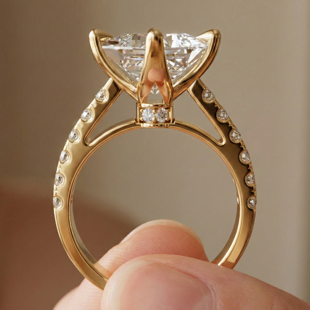 Princess Cut Pavé Solitaire Engagement Ring in 14K Solid Gold, 2.00 CT Princess Cut Lab Grown Diamond, Bridal Jewelry, Gift For Her