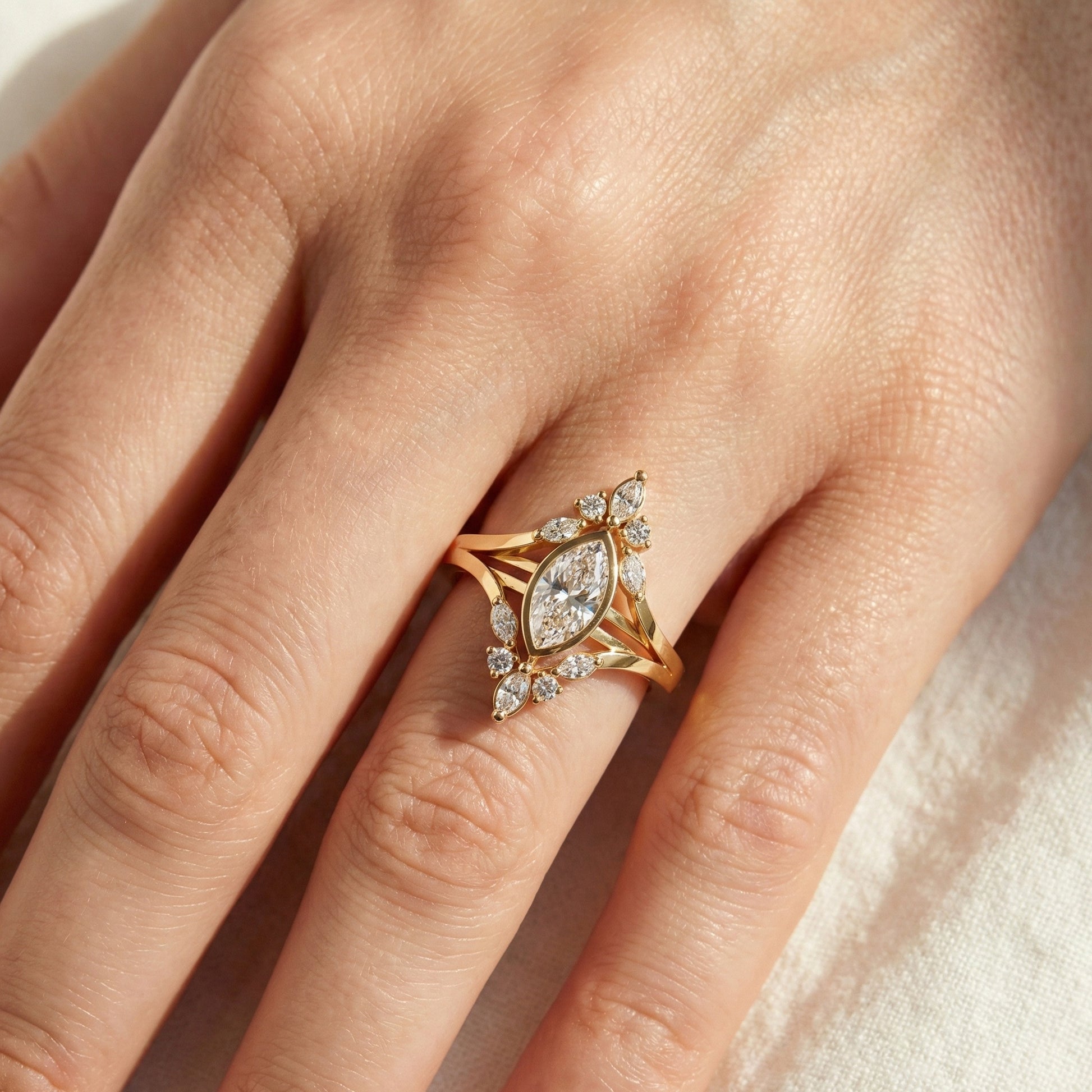 Splendid Marquise Cluster Halo Engagement Ring in 14k Solid Gold, 0.47 TCW Marquise/Round Cut Lab Created Diamonds, Anniversary Gift For Her, Everyday Ring