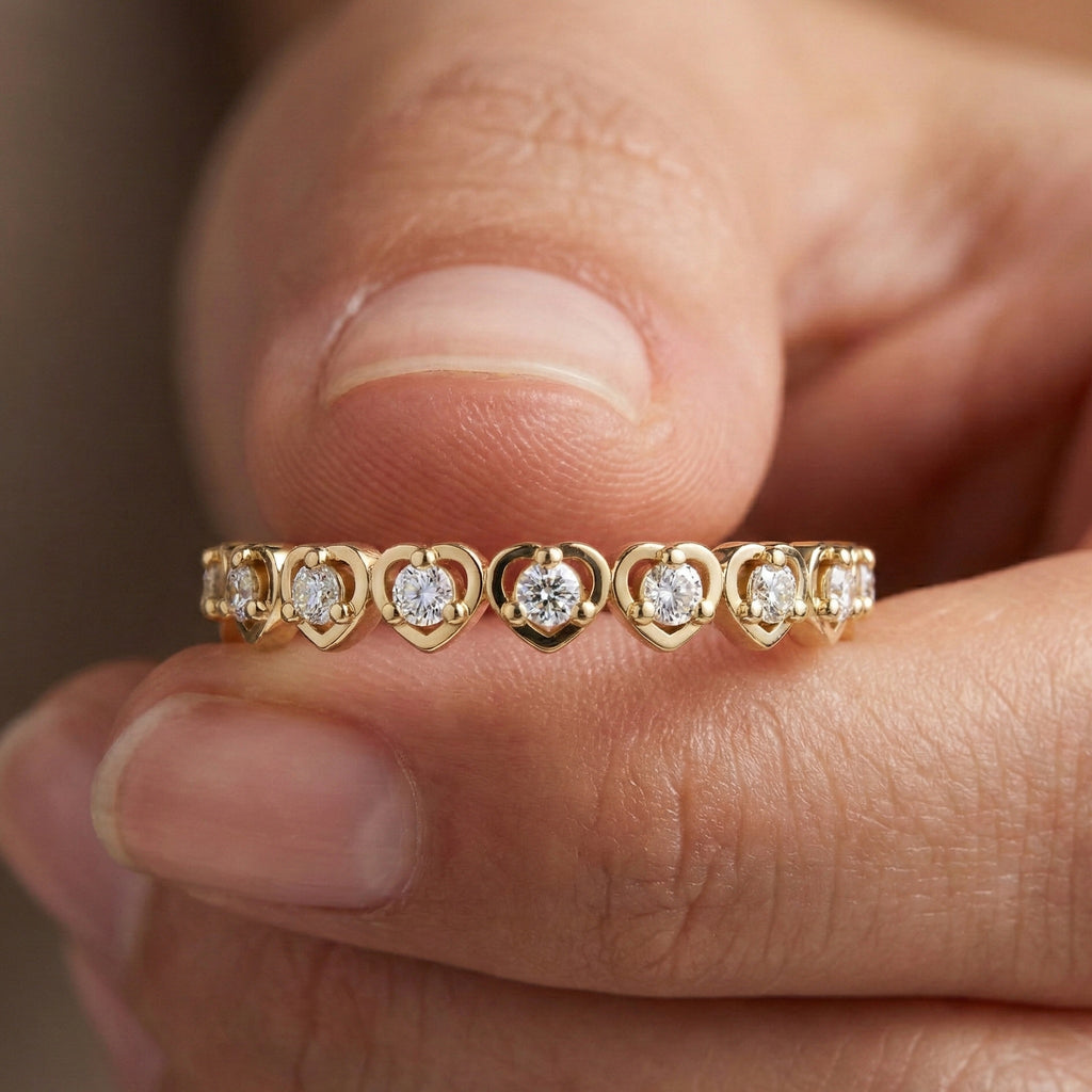Heart Patterned Slim Stacker Wedding Ring in 14K Solid Gold, 0.07 TCW Round Cut Lab Created Diamonds, Everyday Ring, Birthday Gift For Her