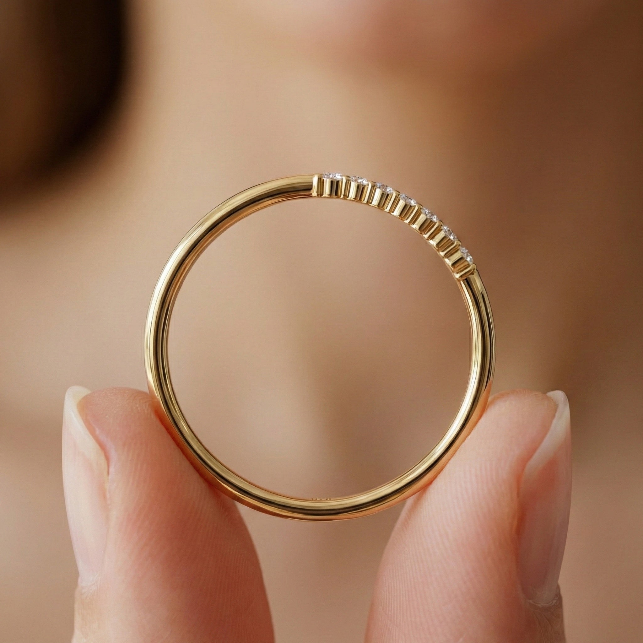 Curved Wave Crossover Wedding Band in Lab Diamond – 14k Rose Gold, Stacking Ring, Birthday Gift for Women