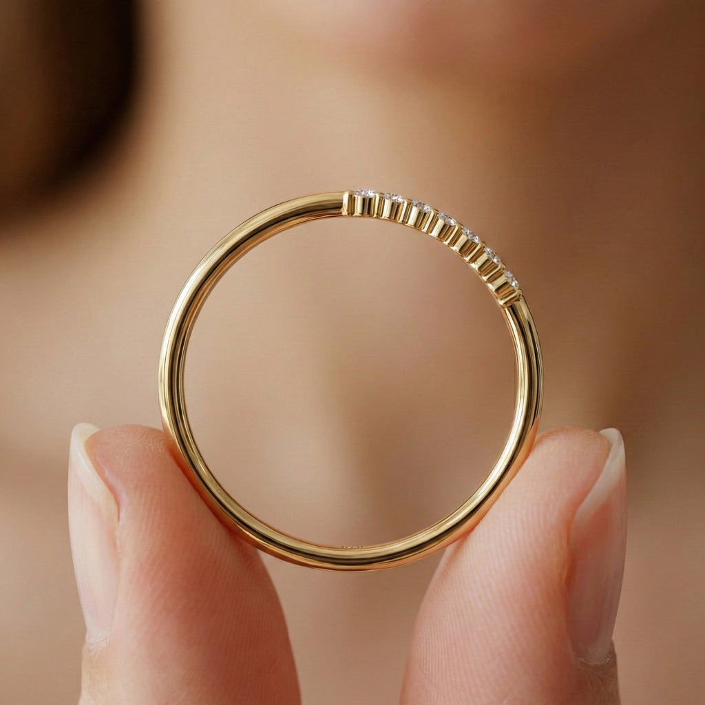 Curved Wave Crossover Wedding Band in Lab Diamond – 14k Rose Gold, Stacking Ring, Birthday Gift for Women