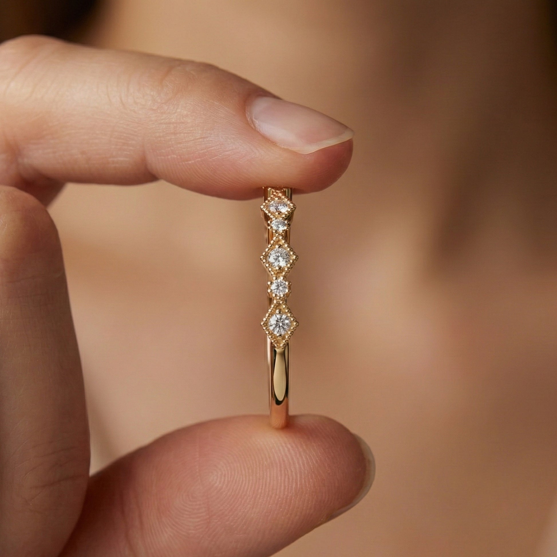 Vintage-Inspired Geometric Milgrain Wedding Band in 14K Solid Gold, 0.10 TCW Round Cut Lab Created Diamond, Stacker Gift For Her