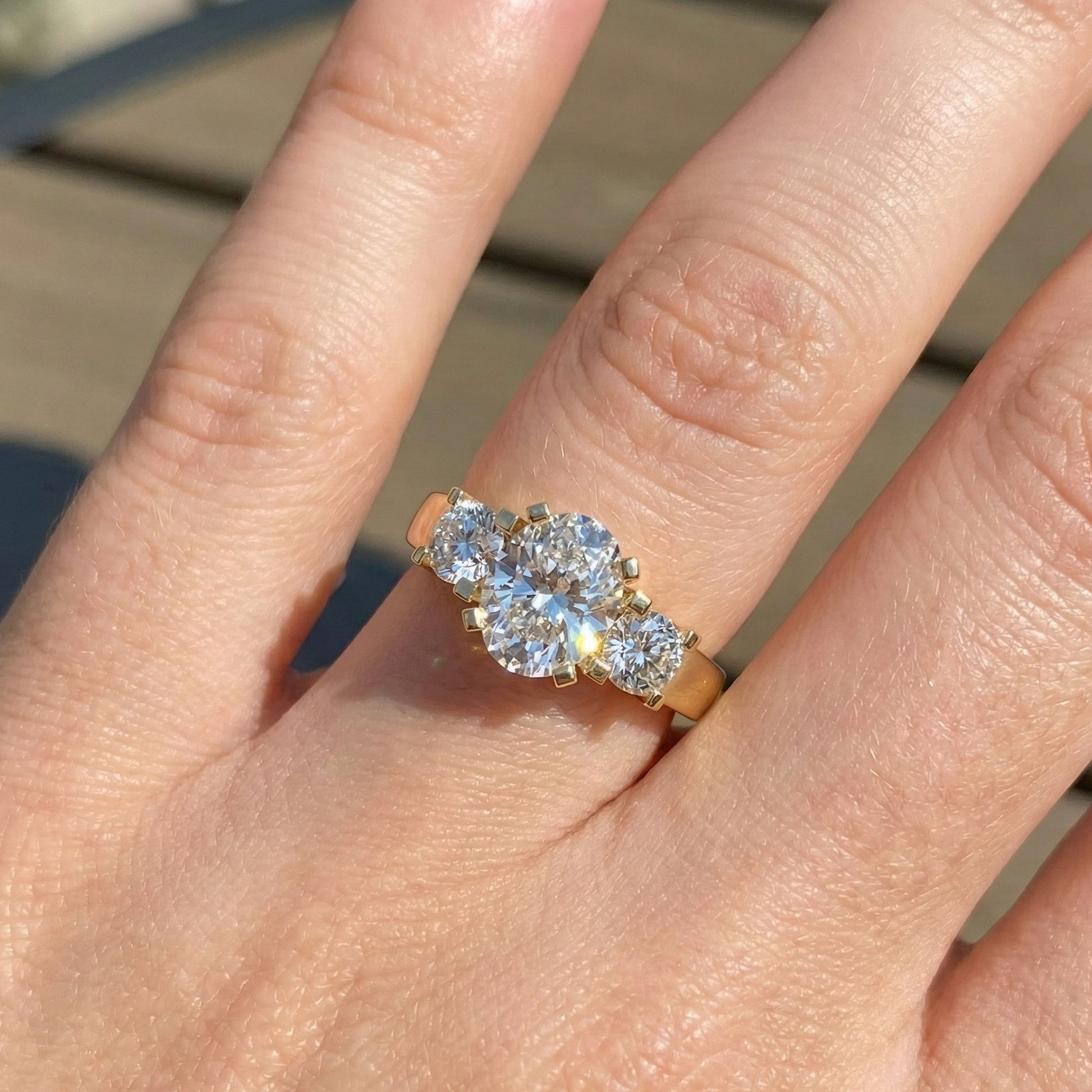 Oval/Round Cut Three Stone Lab Grown Diamond Engagement Ring in 14K Yellow Gold, Propose Ring, Handmade Jewelry