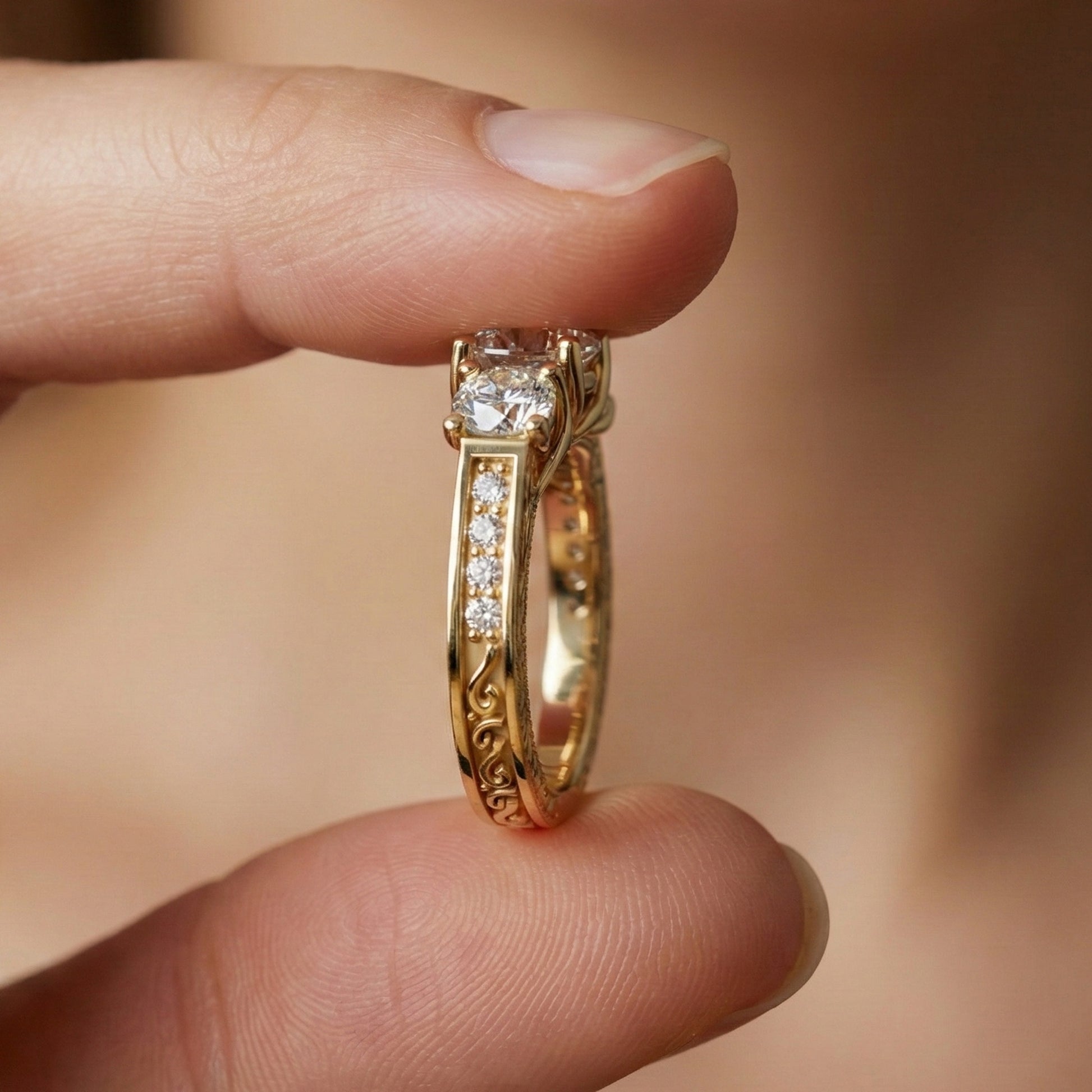 Vintage Three Stone Pave Filigree Engagement Ring in 14k Solid Gold, 1.84 TCW Round Cut Lab Created Diamonds, Everyday Gift for Wife