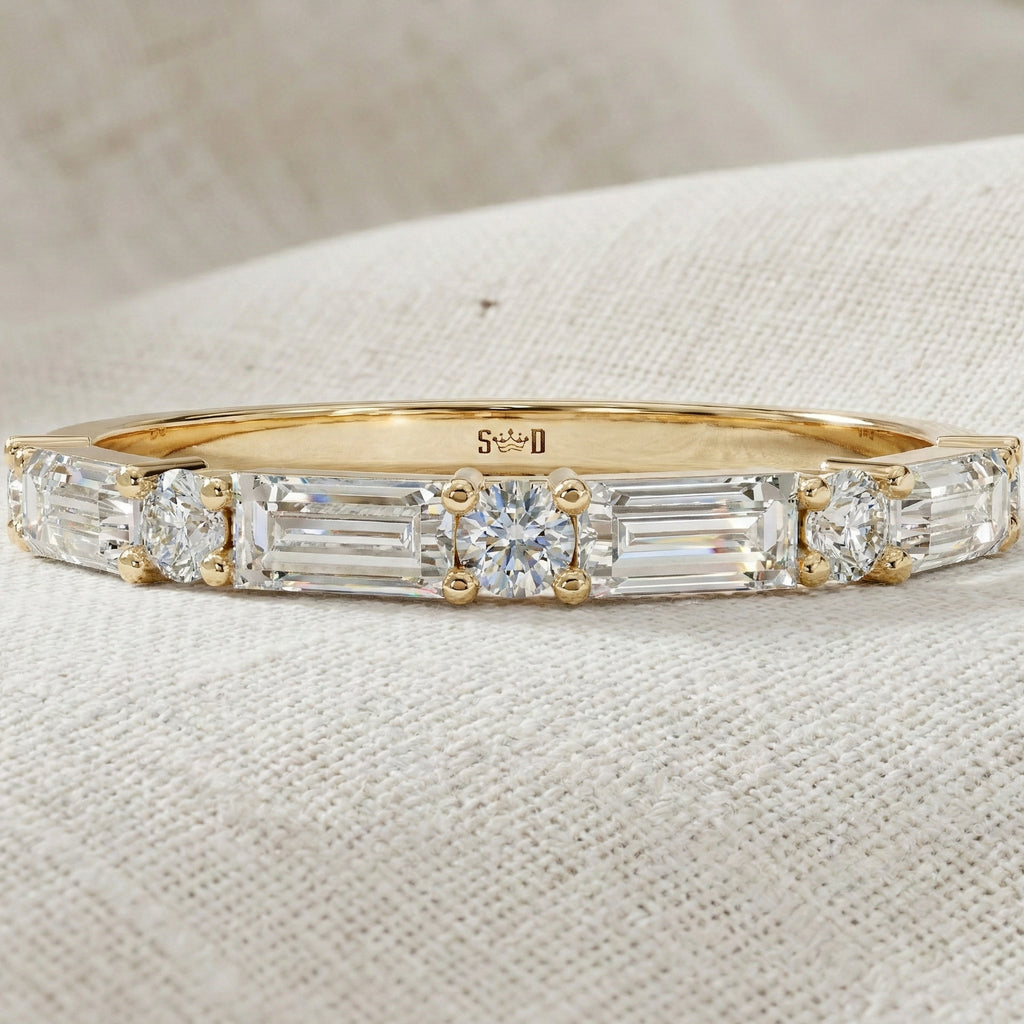 Dainty Baguette & Round Accent Band in 14K Solid Gold, 0.71 TCW Round/Baguette Cut Lab Grown Diamond, Wedding Jewelry, Promise Ring