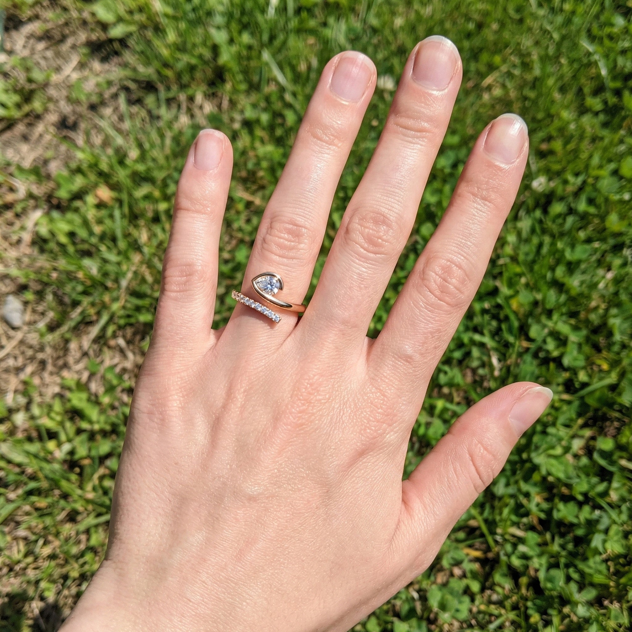 Modern Open Wrap Pear Solitaire Engagement Ring in Lab Diamond – 14k Solid Gold, Wedding Gift for Her, Handmade Bridal Jewelry
