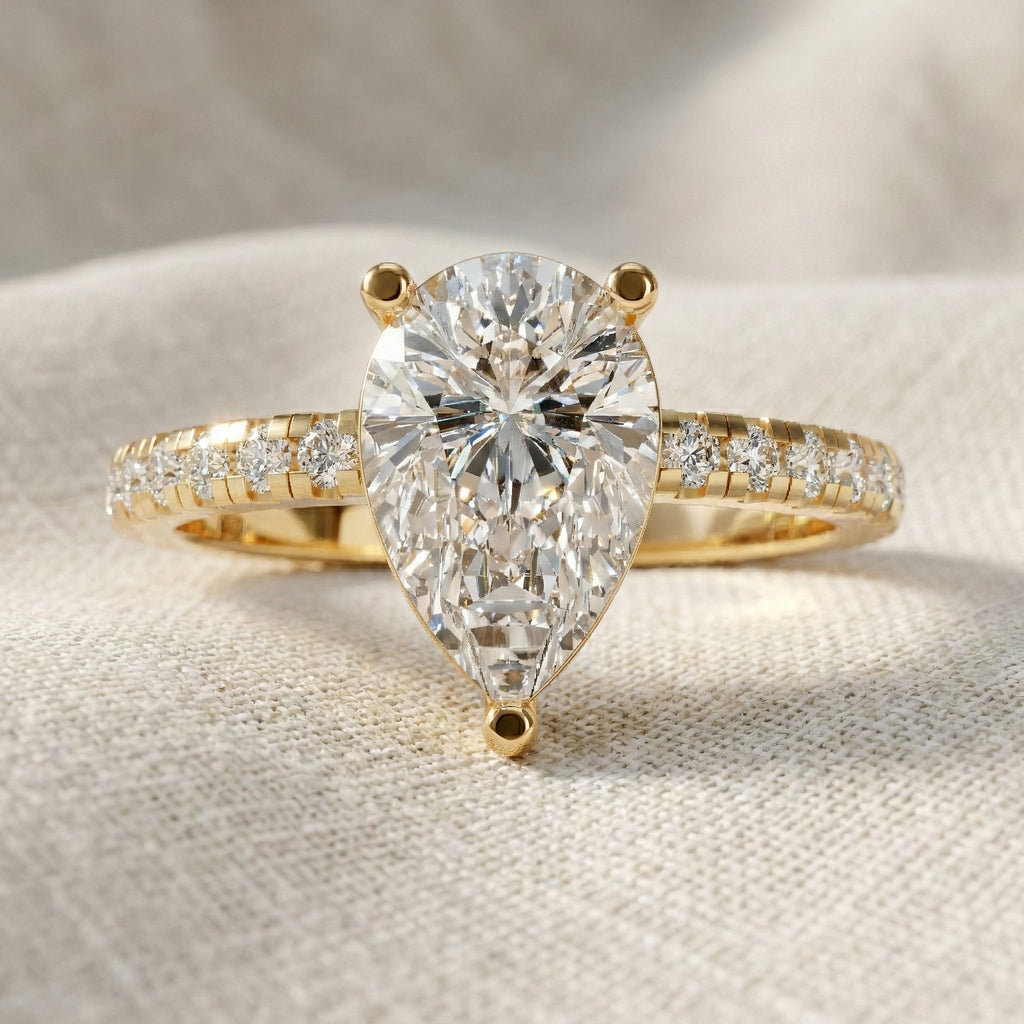 Dainty Pear Solitaire Pavé Engagement Ring in 14K Solid Gold, 1.50 CT Pear Cut Lab Grown Diamond, Proposal Jewelry, Anniversary Gift For Her