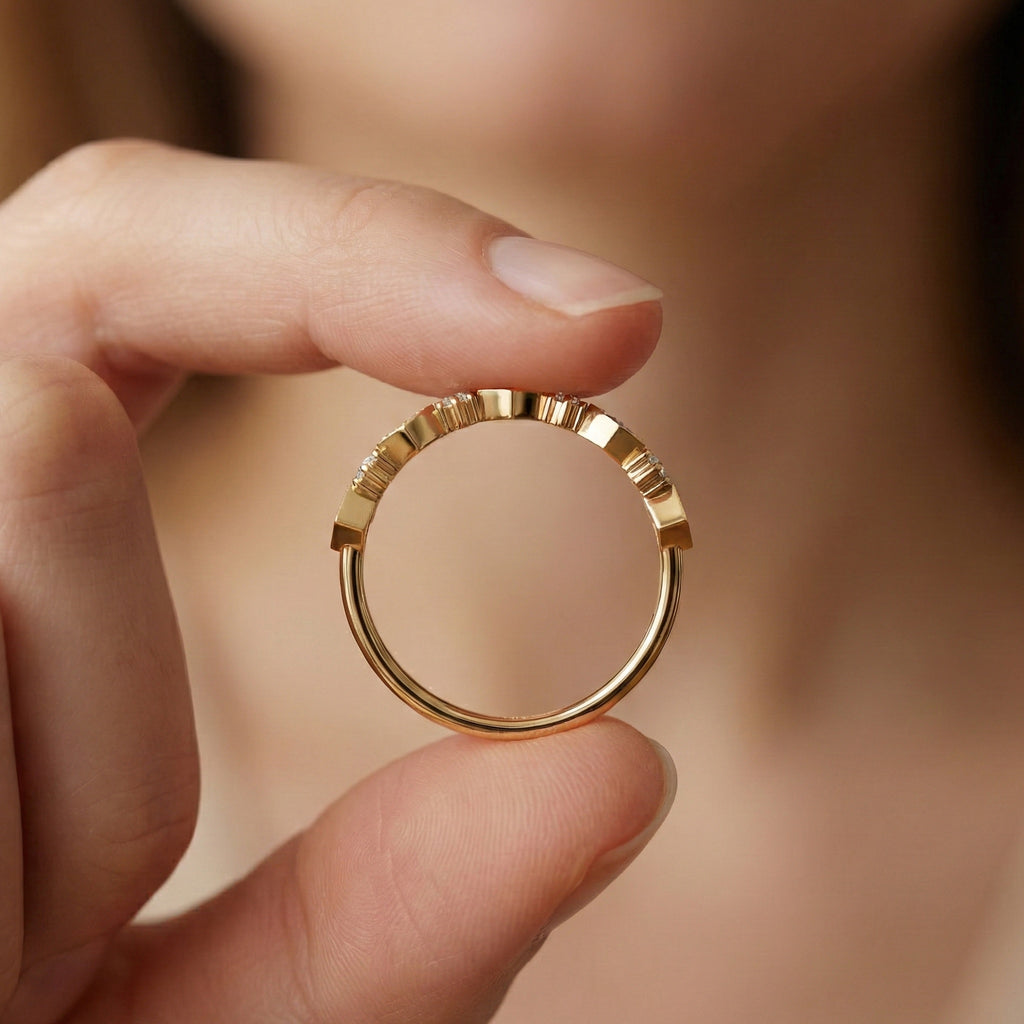 Art Deco Inspired Geometric Diamond Wedding Band in Lab Diamond-14k Solid Gold, Unique Band For Her,