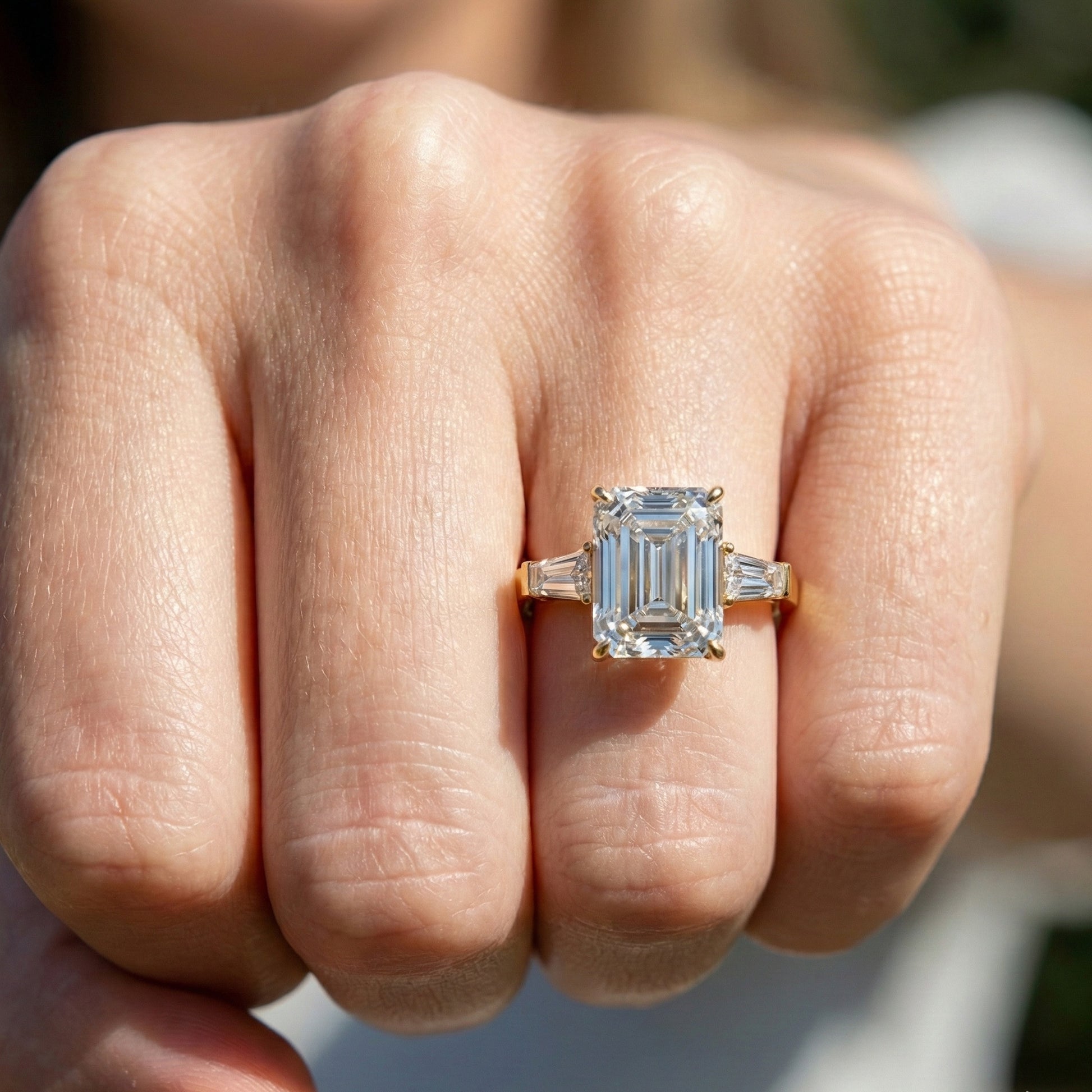 Elegant Emerald Cut Three Stone Engagement Ring in 14K White Gold, Bridal Jewelry, Handmade Jewelry
