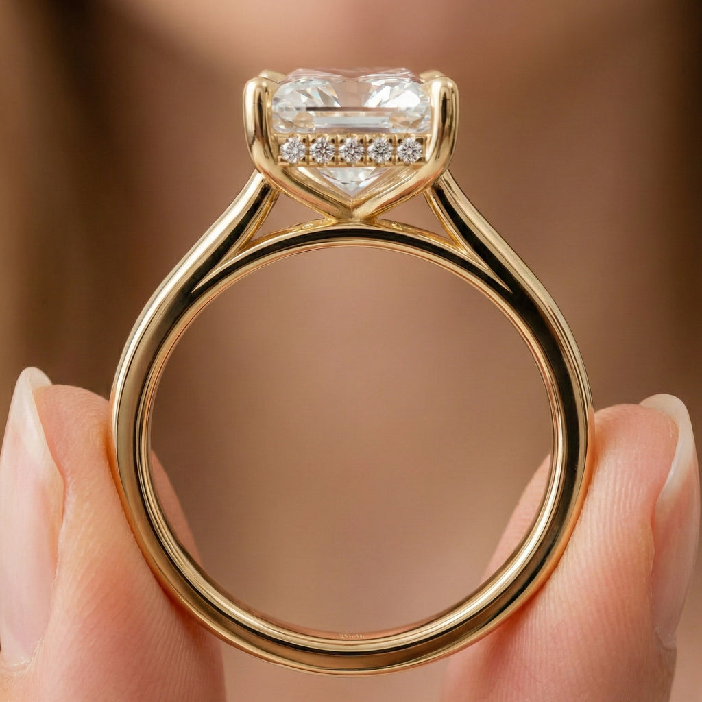Elegant Hidden Halo Engagement Ring in 14K Solid Gold, 3.50 CT Radiant Cut Lab Created Diamond, Handmade Jewelry, Birthday Gift For Her