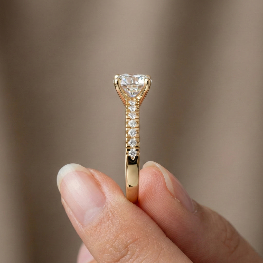 Classic Pavé Solitaire Engagement in 14K Solid Gold, 0.35 CT Round Cut Lab Created Diamond, Handmade Bridal Jewelry, Engagement Gift for Her