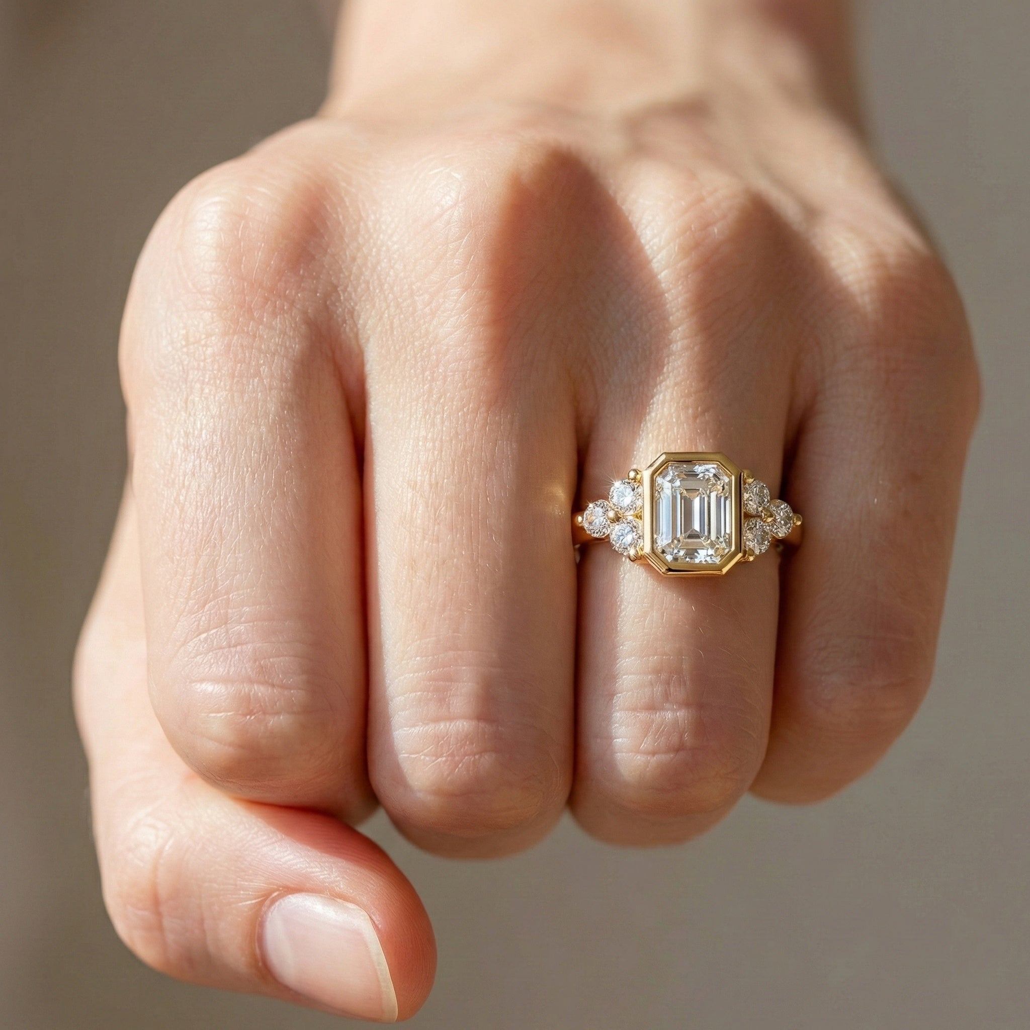 Unique Emerald Centerpiece Engagement Ring in 14K Solid Gold, 0.45 CT Emerald Cut Lab Created Diamond, Engagement Ring, Gift For Her