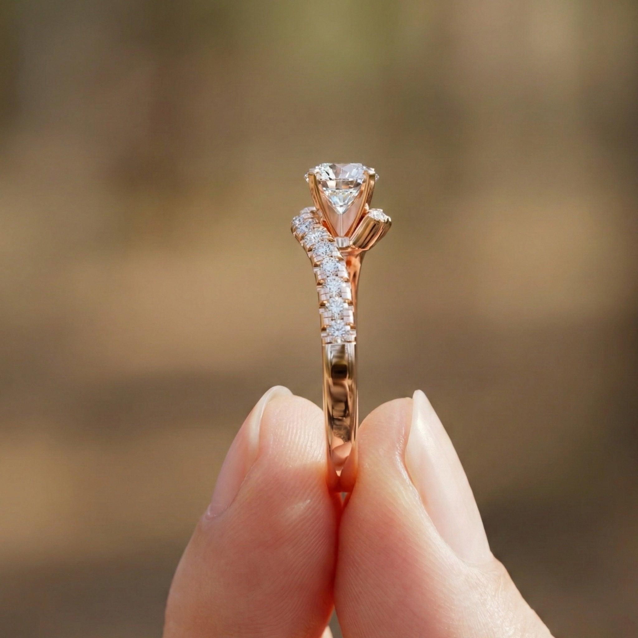 Elegant Bypass Pave Solitaire Engagement Ring in 14K Solid Gold, 0.50 CT Round Cut Lab Grown Diamond, Handmade Jewelry, Gift for Her