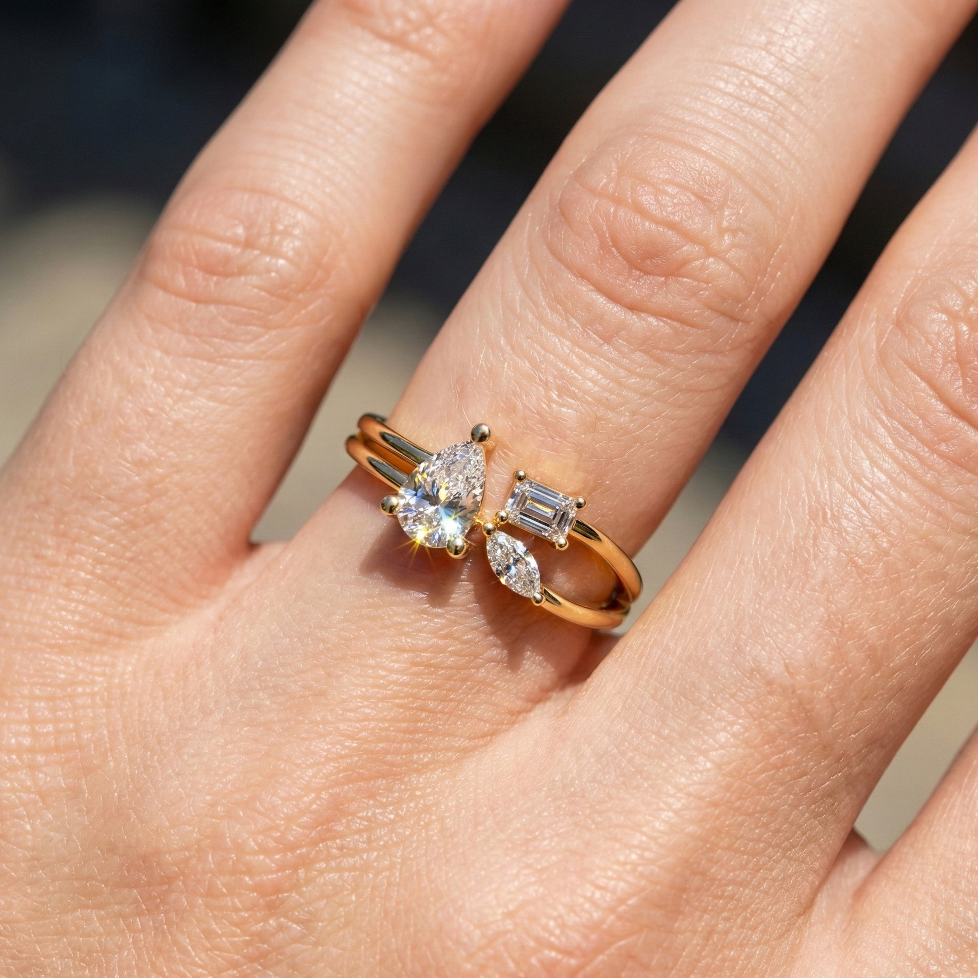 Sculpted Split Shank Three Stone Engagement Ring in 14K Solid Gold, 0.30 CT Pear Cut Lab Created Diamond, Gift for Her